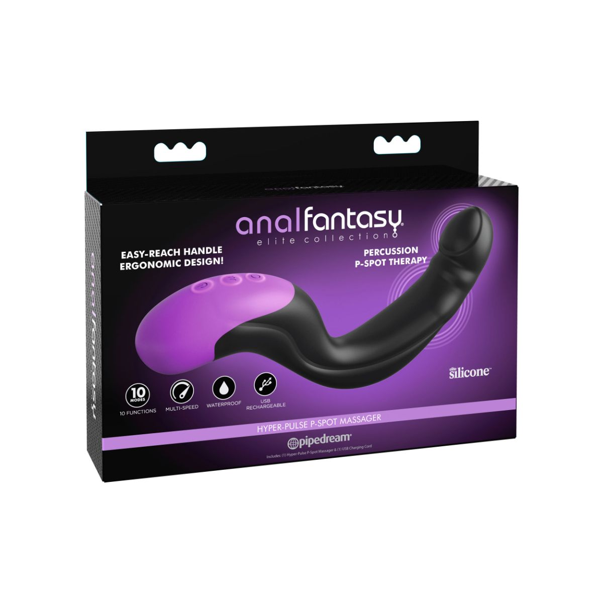 Verpackung eines schwarzen und violetten P-Punkt-Massagegeräts mit ergonomischem Griff.