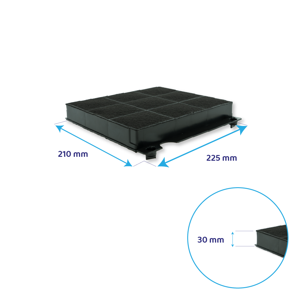 Ein rechteckiger Aktivkohlefilter mit 210 mm und 225 mm Abmessungen.