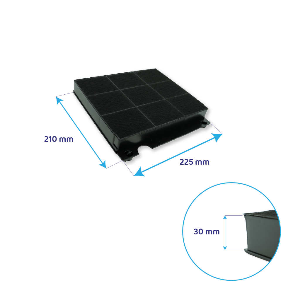 Ein schwarzer Aktivkohlefilter mit Maßen von 210x225x30 mm.