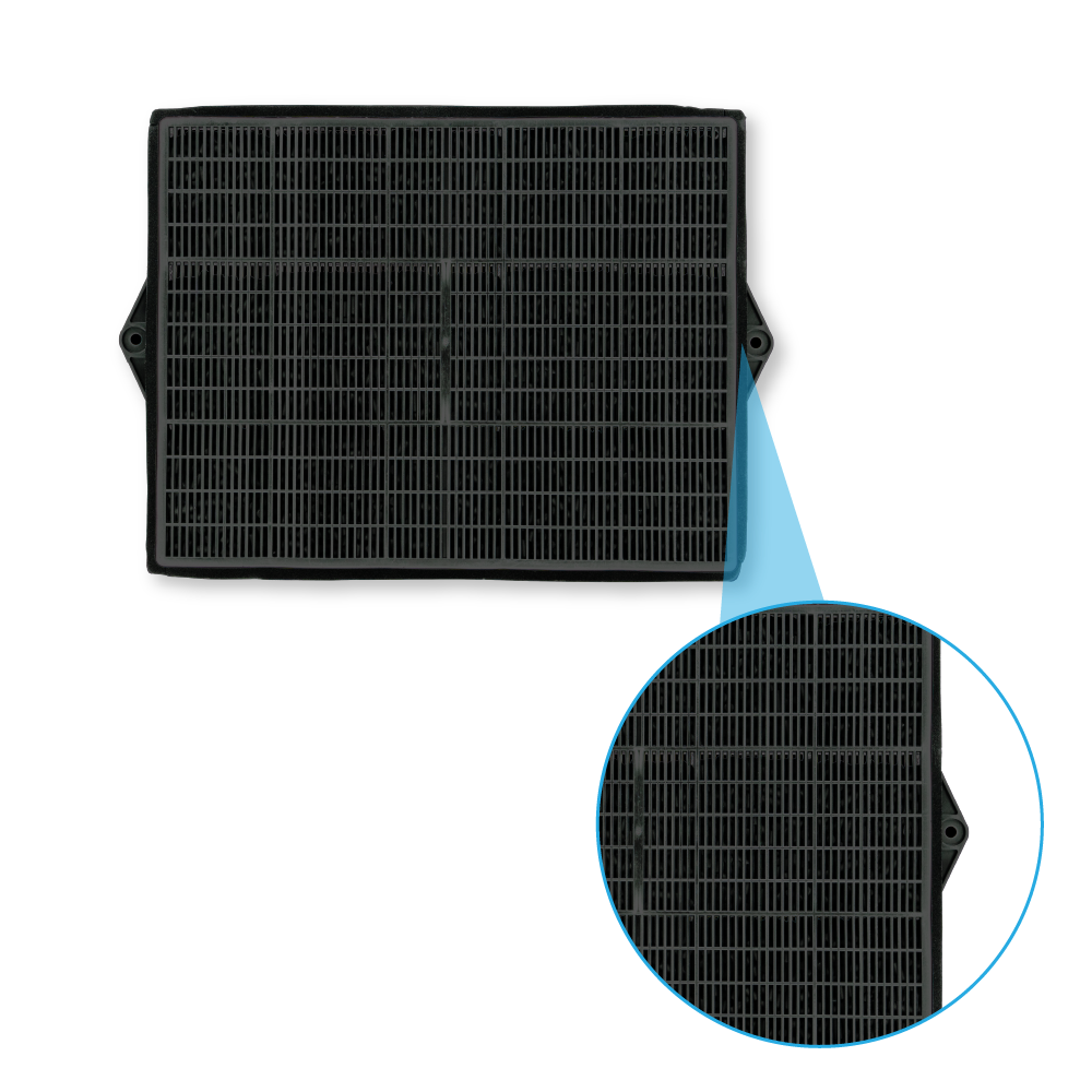 Schwarzer rechteckiger Filter mit feinem Gitter und Ausschnitt einer Ecke.