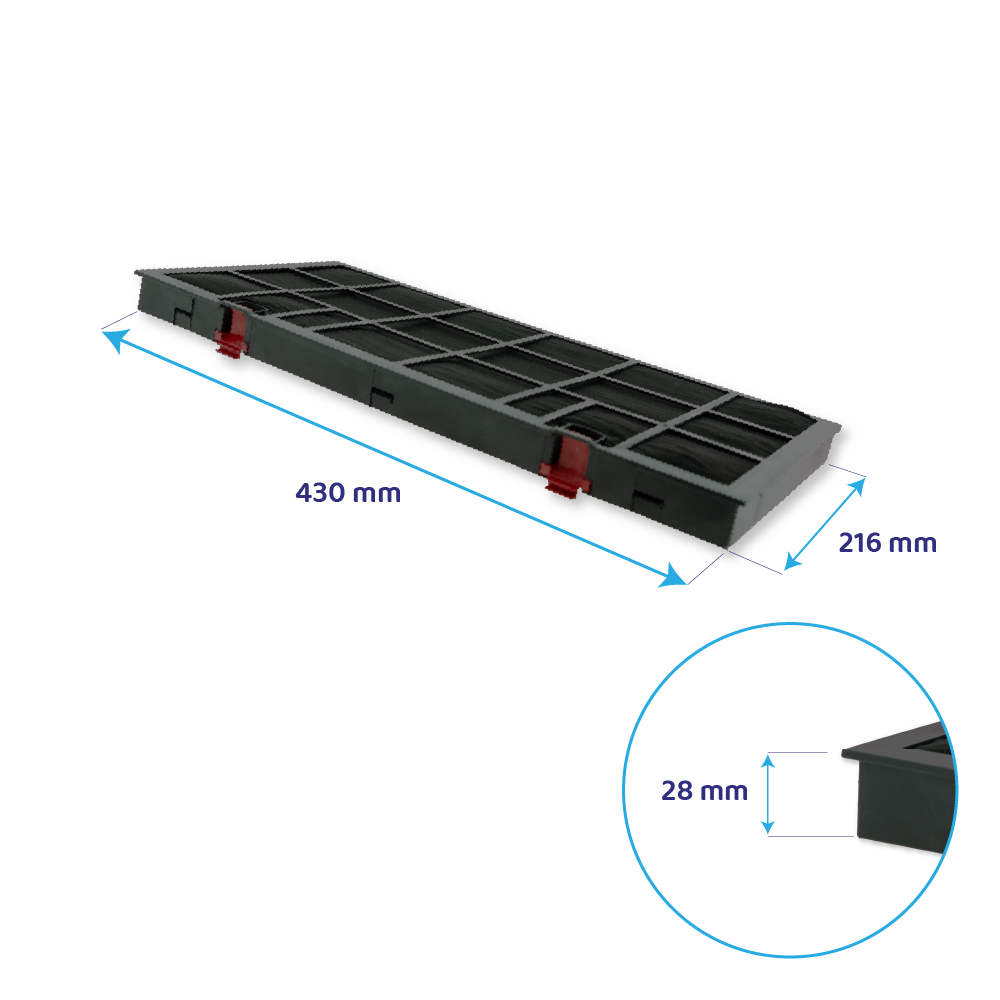Un filtro nero misura 430mm x 216mm x 28mm. Ha clip rossi.