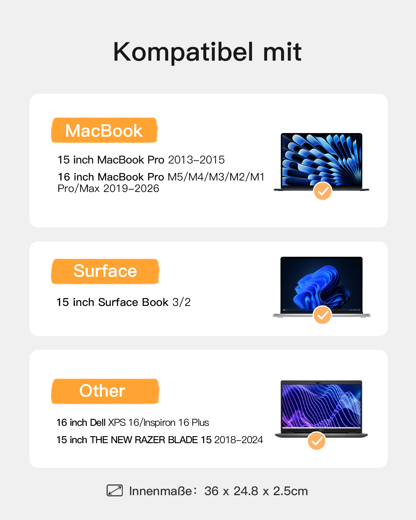 Kompatibel mit MacBook, Surface, Dell, Razer. Listet Laptop-Modelle und Maße.