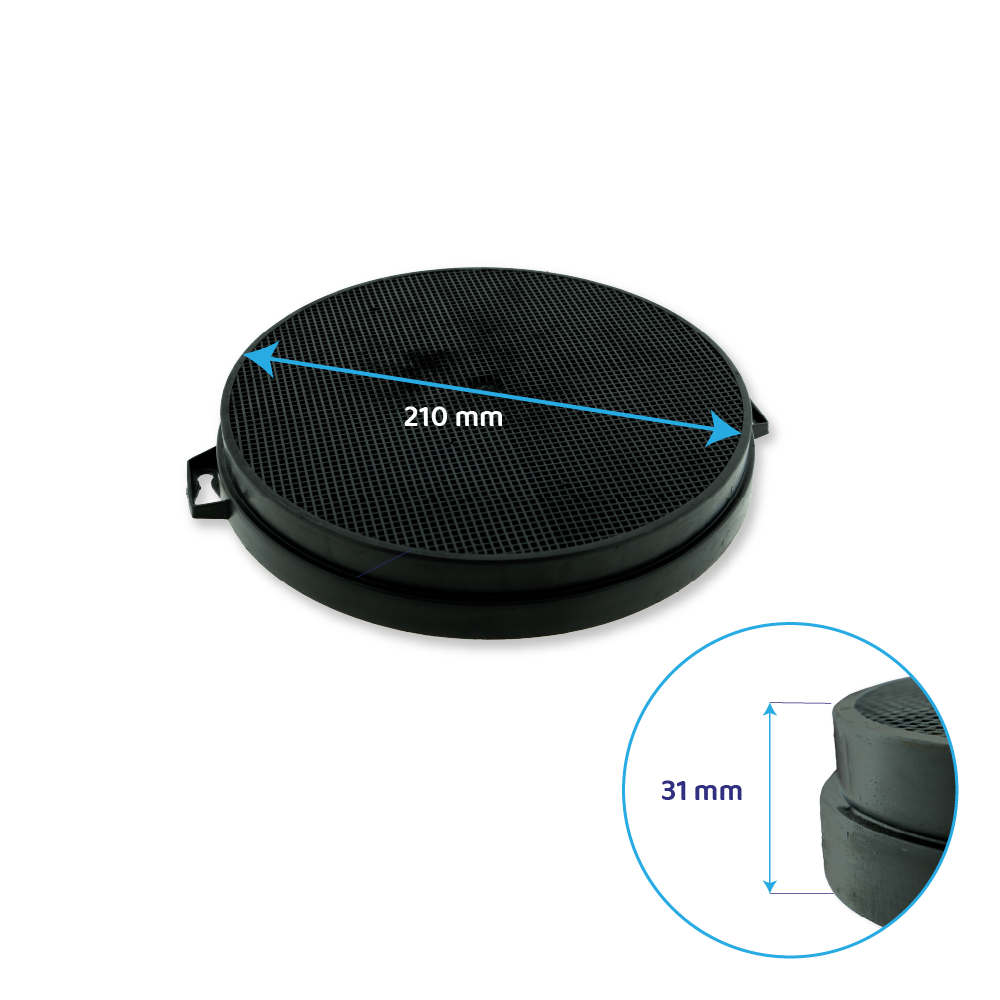 Okrągły czarny filtr węglowy, średnica 210 mm, wysokość 31 mm.