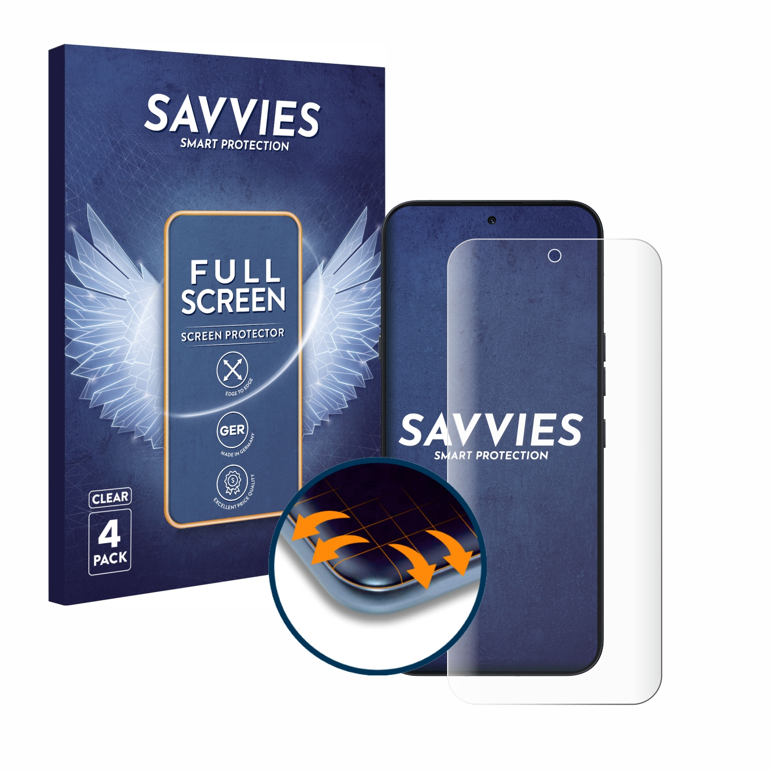 Savvies Vollbild-Displayschutzfolie, 4er-Pack, mit Handy-Abbildung und Schutzfolie.