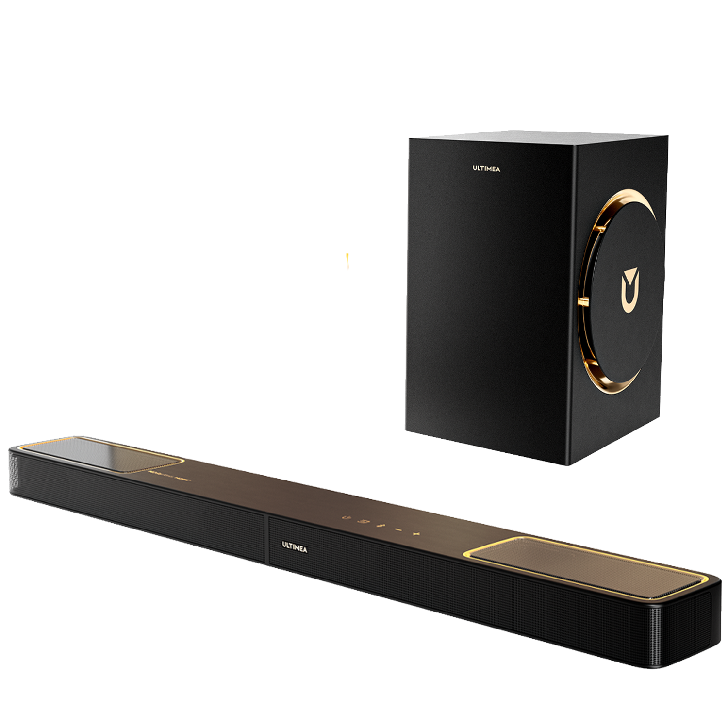 Eine schwarze Soundbar und ein passender Subwoofer mit goldenen Akzenten. Beide tragen das ULTIMEA-Logo.