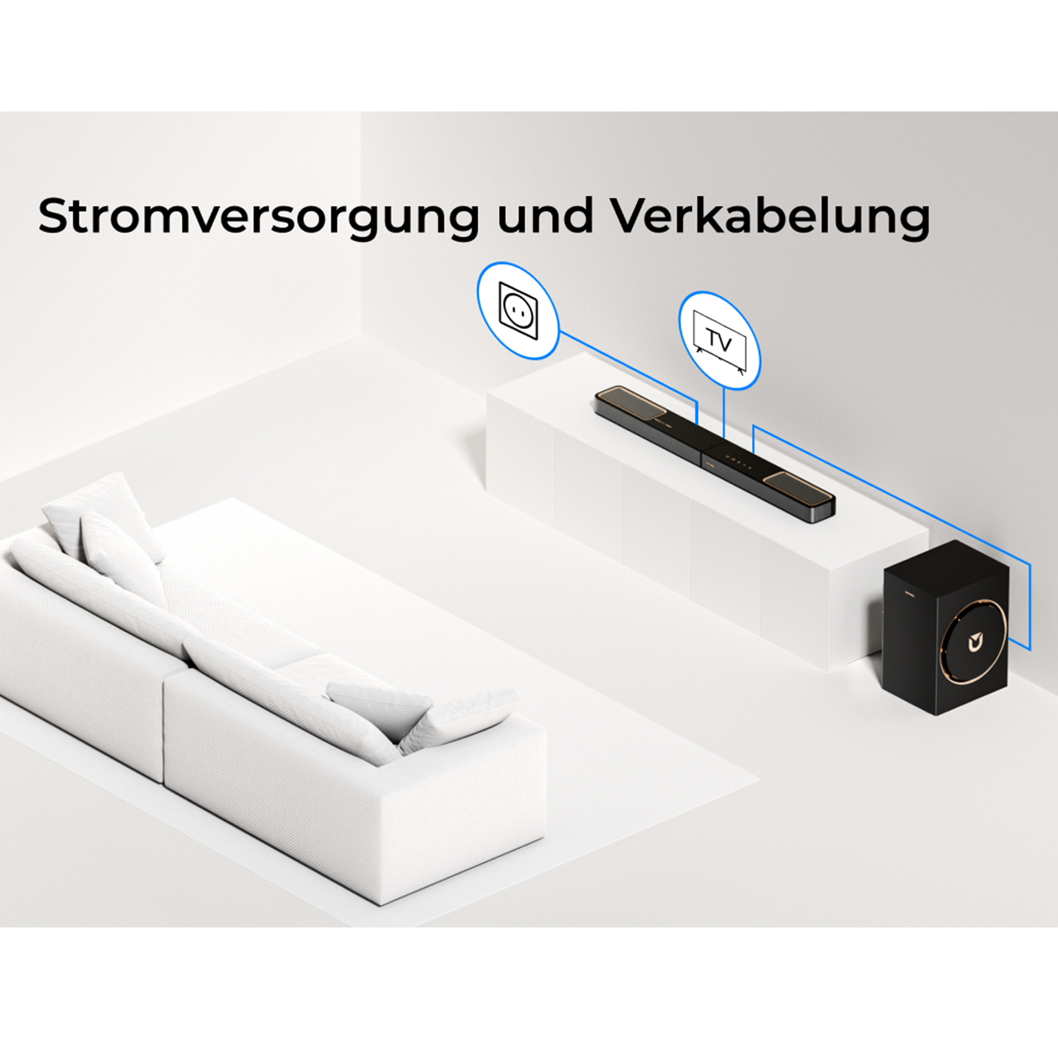Weiße Couch, Soundbar und Subwoofer mit Anschlussdiagramm. Stromversorgung und Verkabelung.