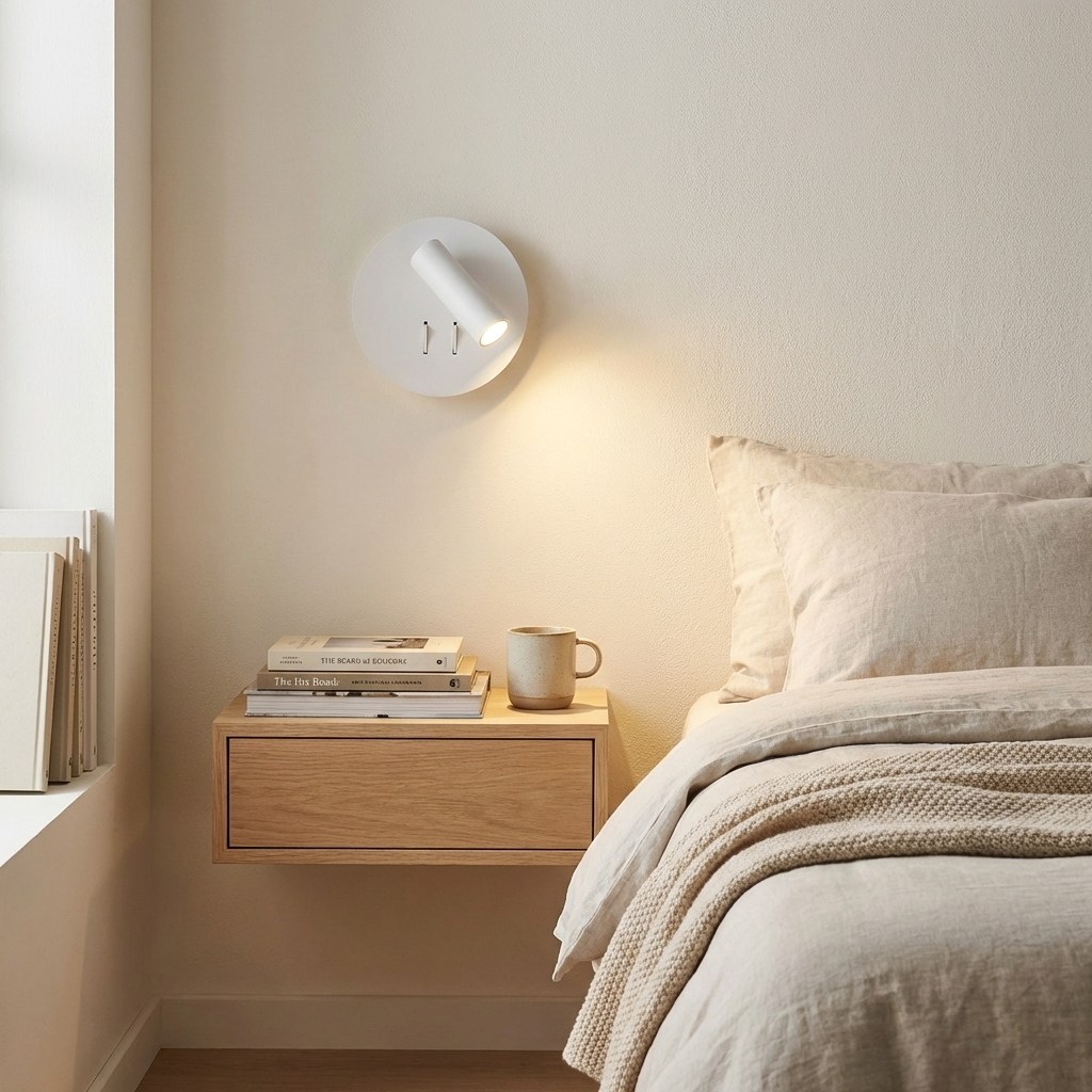 Una mesita de noche de madera con libros y una taza junto a una cama.