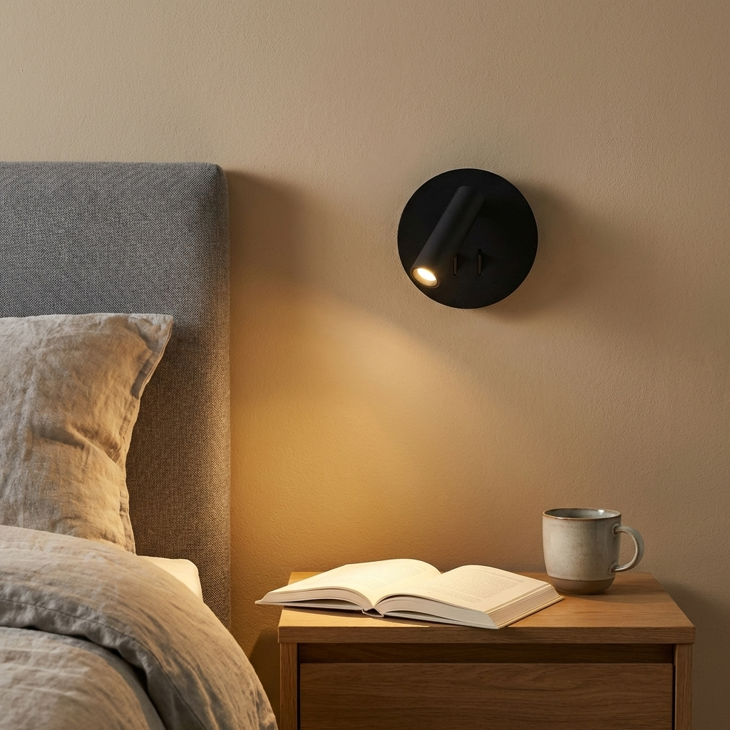 Una mesita de noche con libro y taza junto a una cama, iluminada por una lámpara de pared.