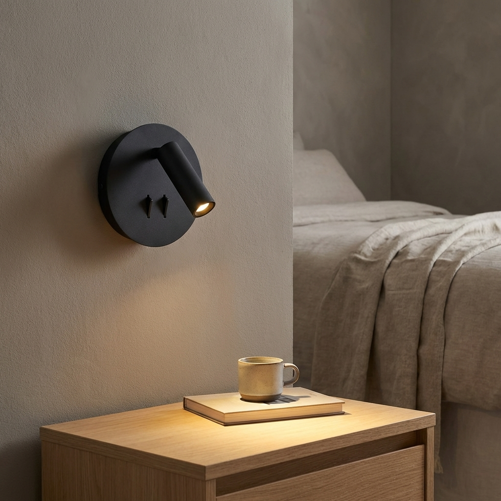 Mesita de noche negra con libro y taza, junto a una cama. Lámpara de pared encendida.