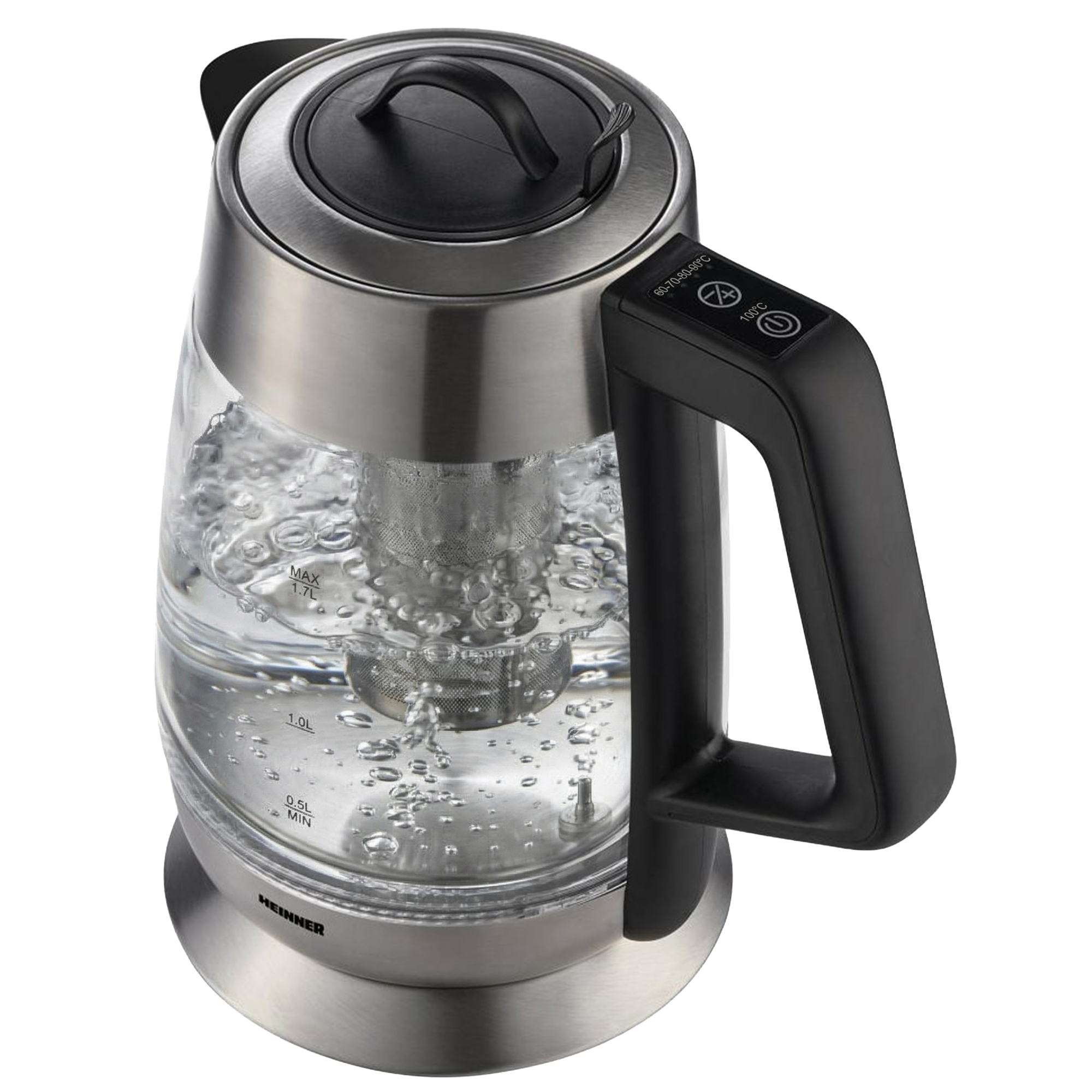 Une bouilloire en verre avec une base en acier inoxydable faisant bouillir de l'eau.