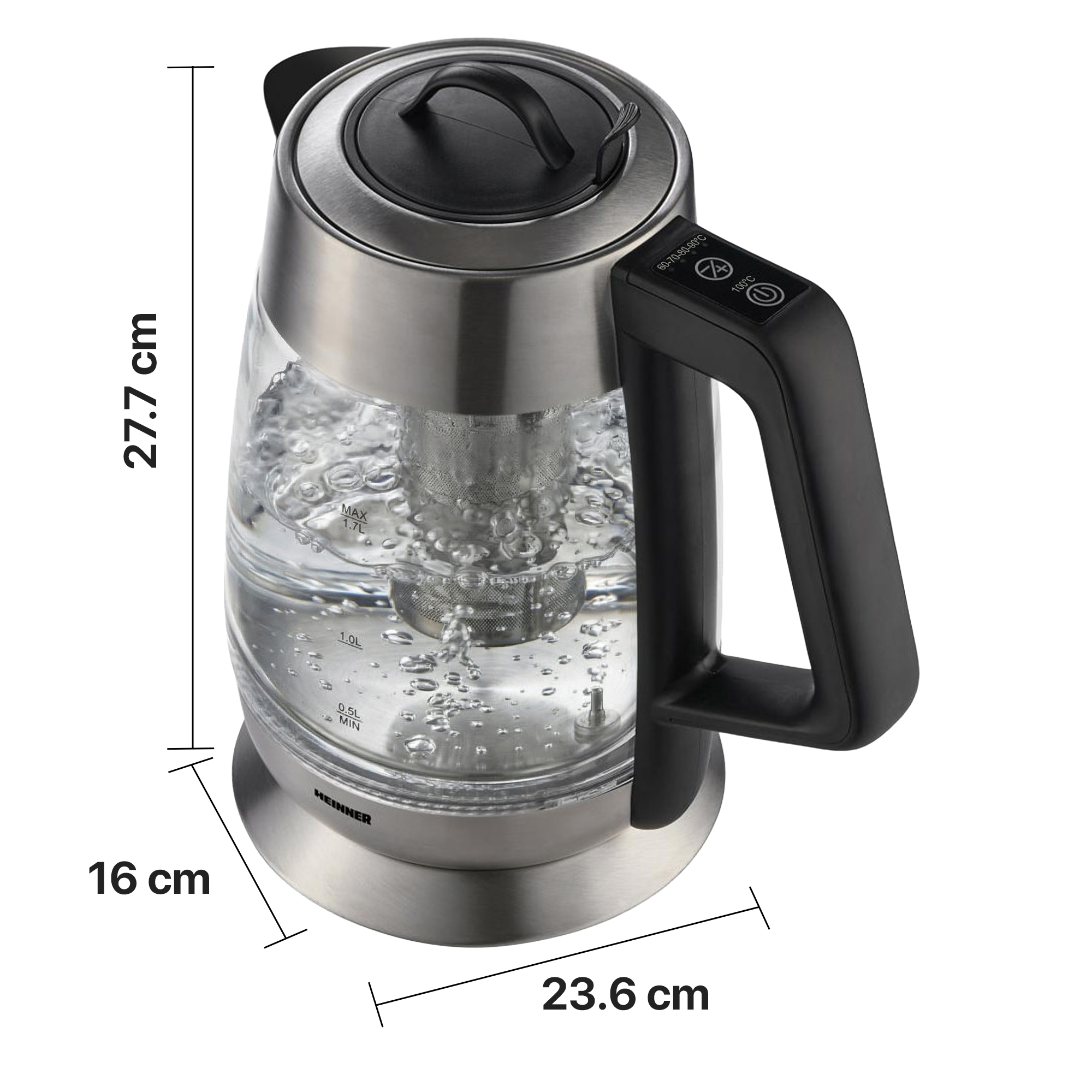 Bouilloire en verre avec accents en acier inoxydable, 1,7L, 27,7cm H, 16cm L, 23,6cm l.