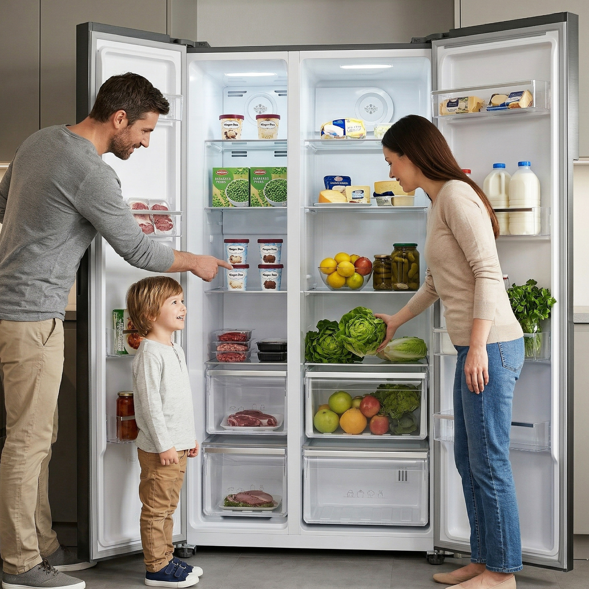 Familie voor een open koelkast gevuld met etenswaren.
