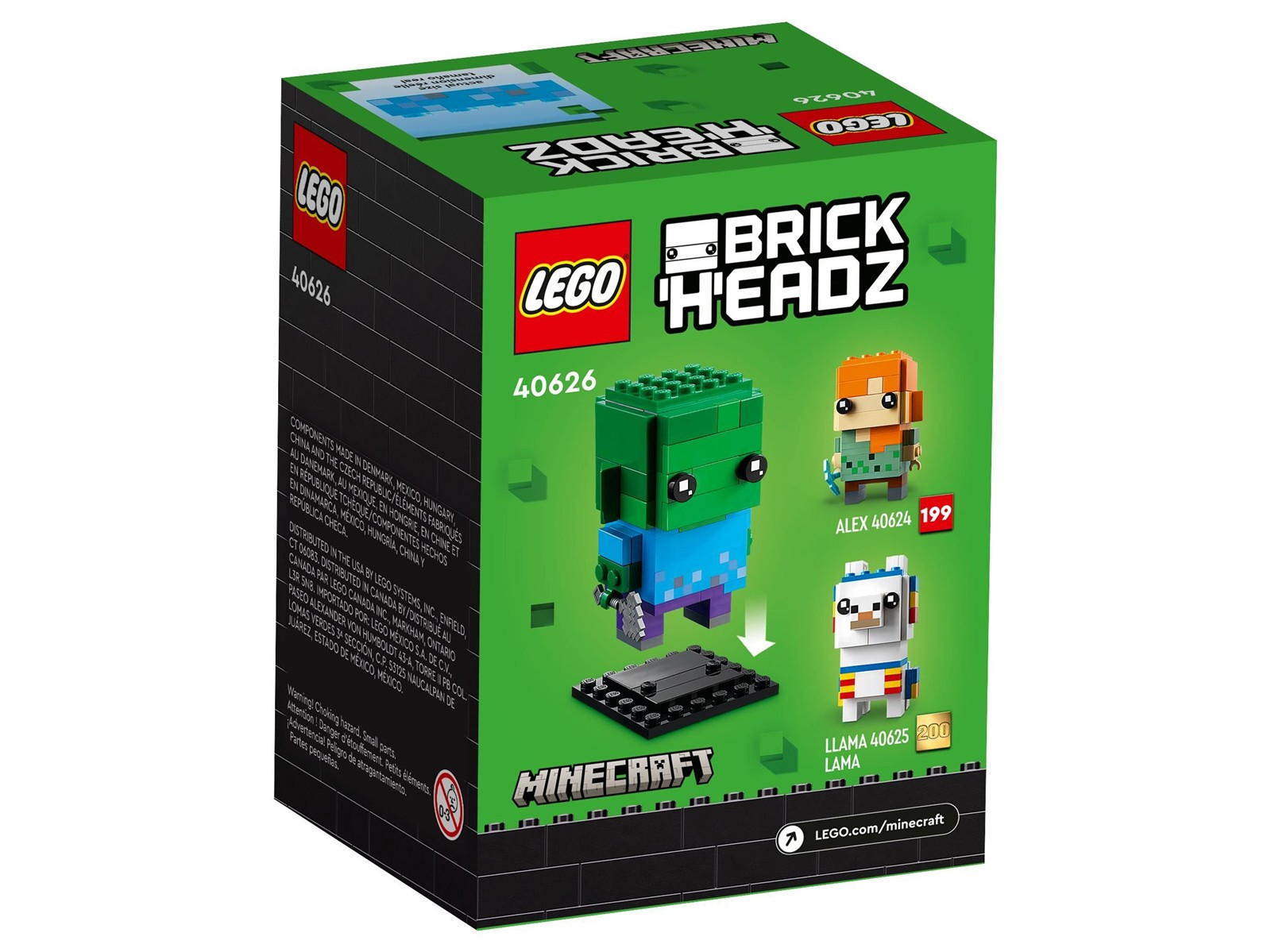 LEGO Minecraft BrickHeadz Box mit Zombie, Alex und Lama Figuren. Grün, Blau, Orange, Weiß.