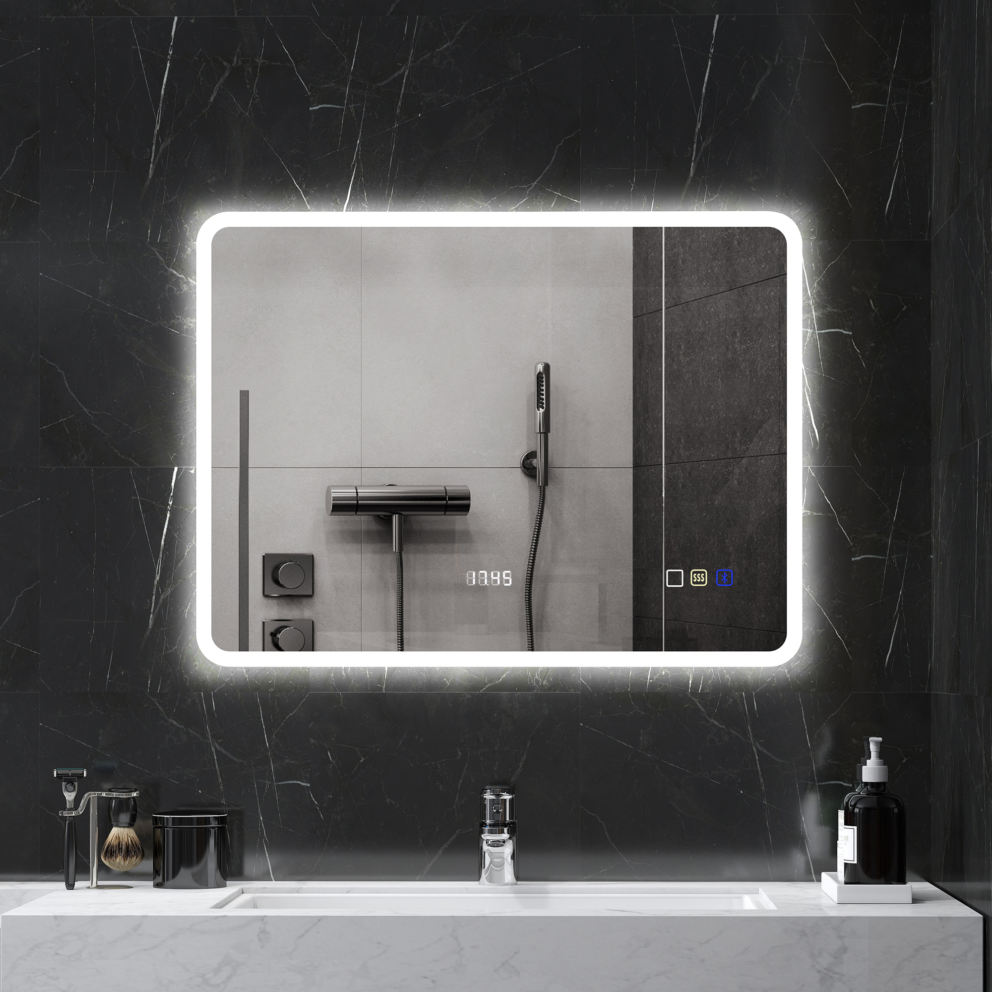 Un espejo iluminado sobre un lavabo con grifería y accesorios de afeitado.