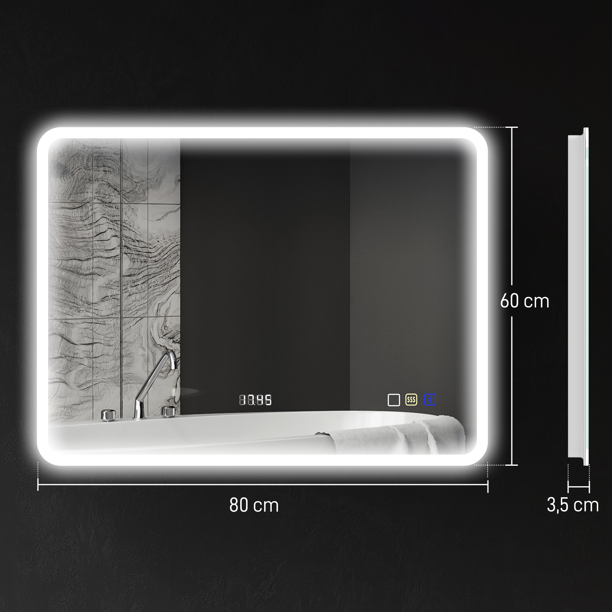 Un espejo iluminado (80x60cm) con pantalla digital y accesorios.