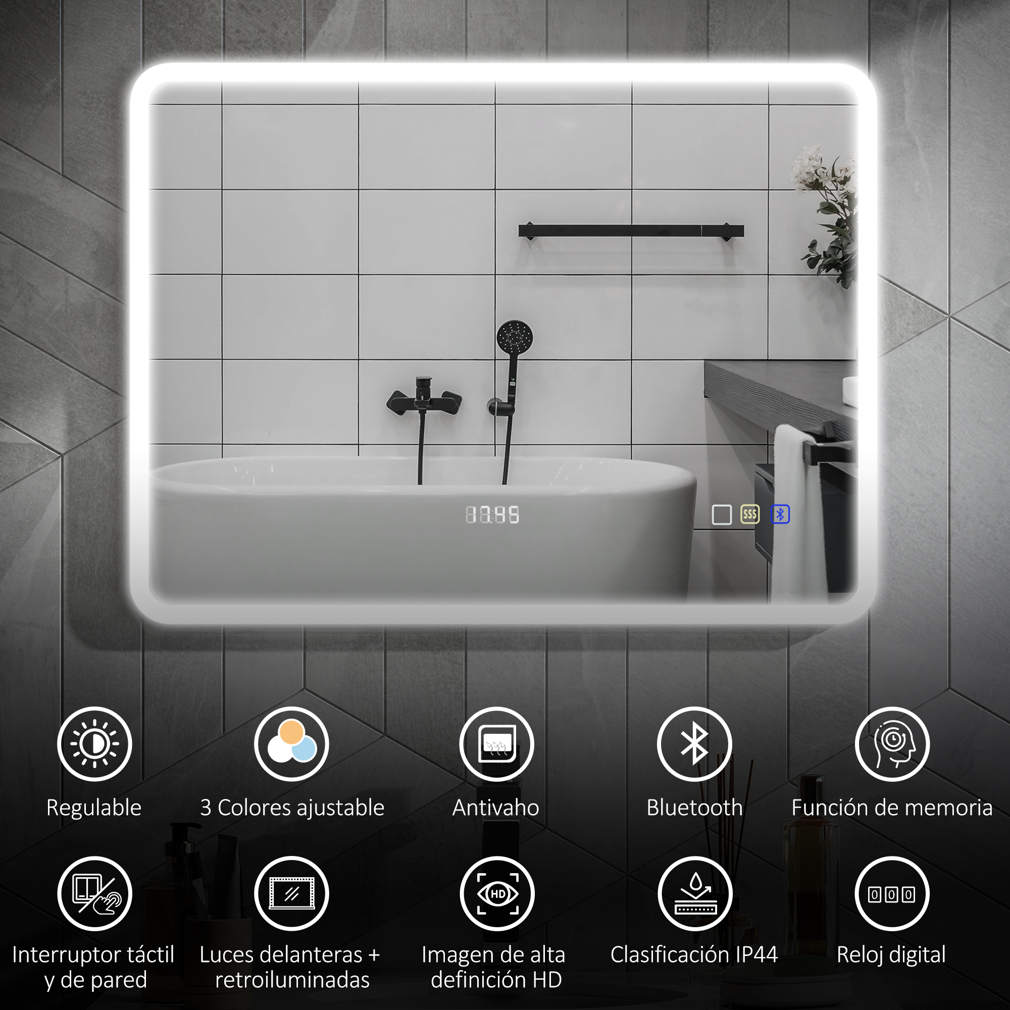 Espejo de baño moderno con iluminación, reloj y grifería de ducha.