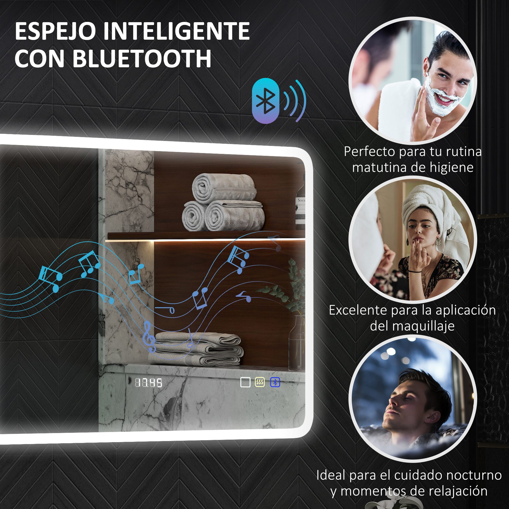 Espejo inteligente con Bluetooth, para rutina matutina, maquillaje y relax.