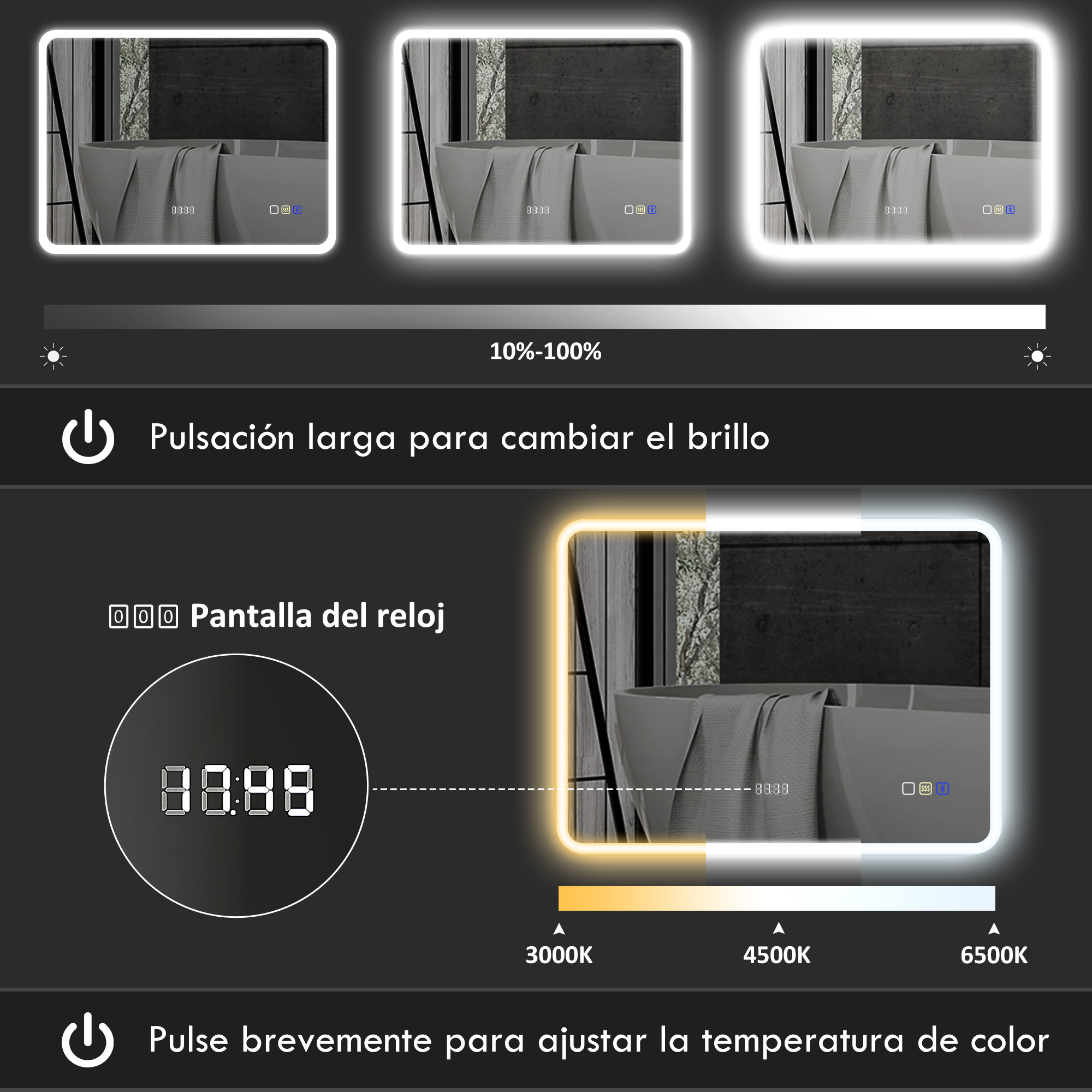 Espejo muestra control de brillo y temp. de color. Hora digital 88:88.