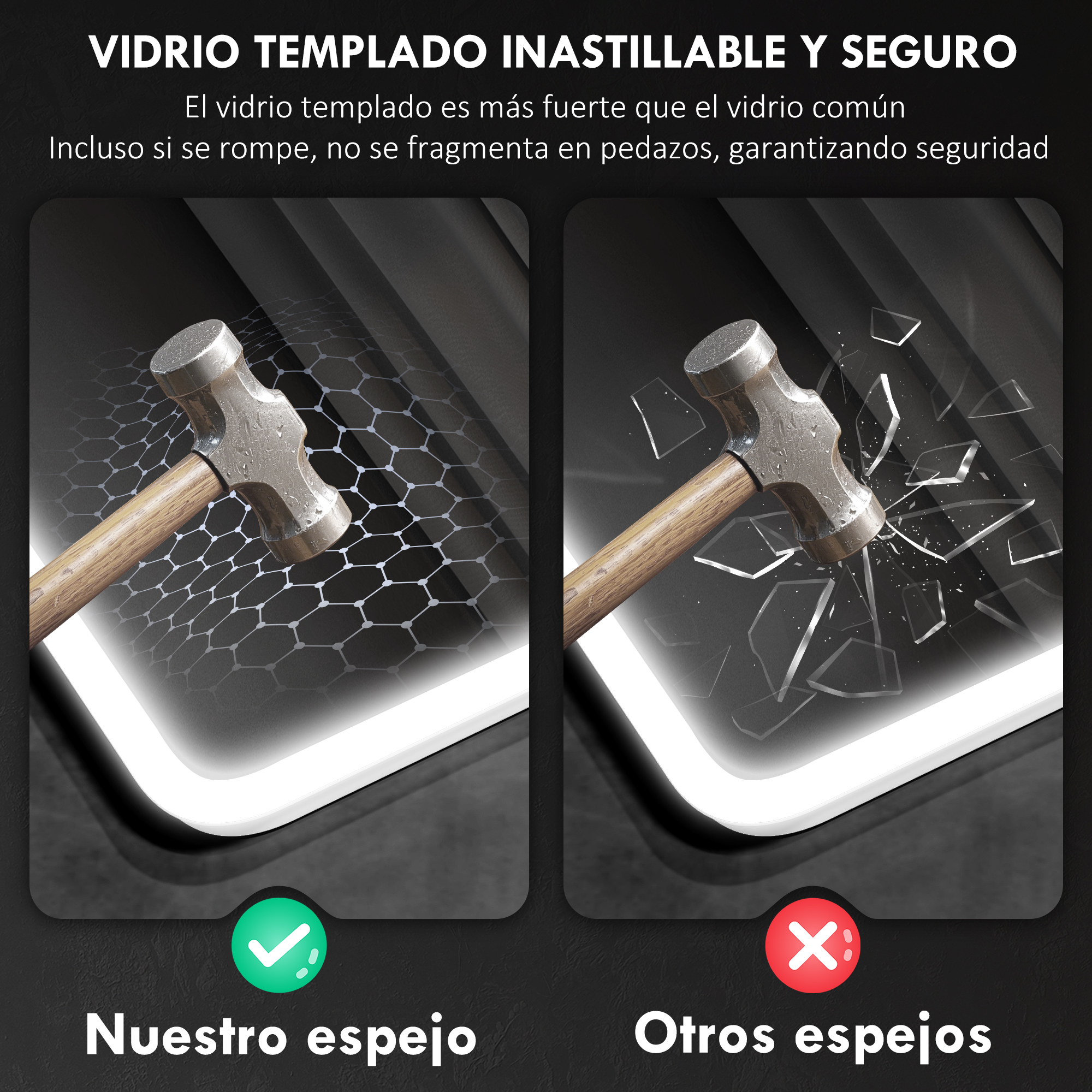 Un martillo golpea dos superficies de vidrio. Una queda intacta, la otra se rompe.