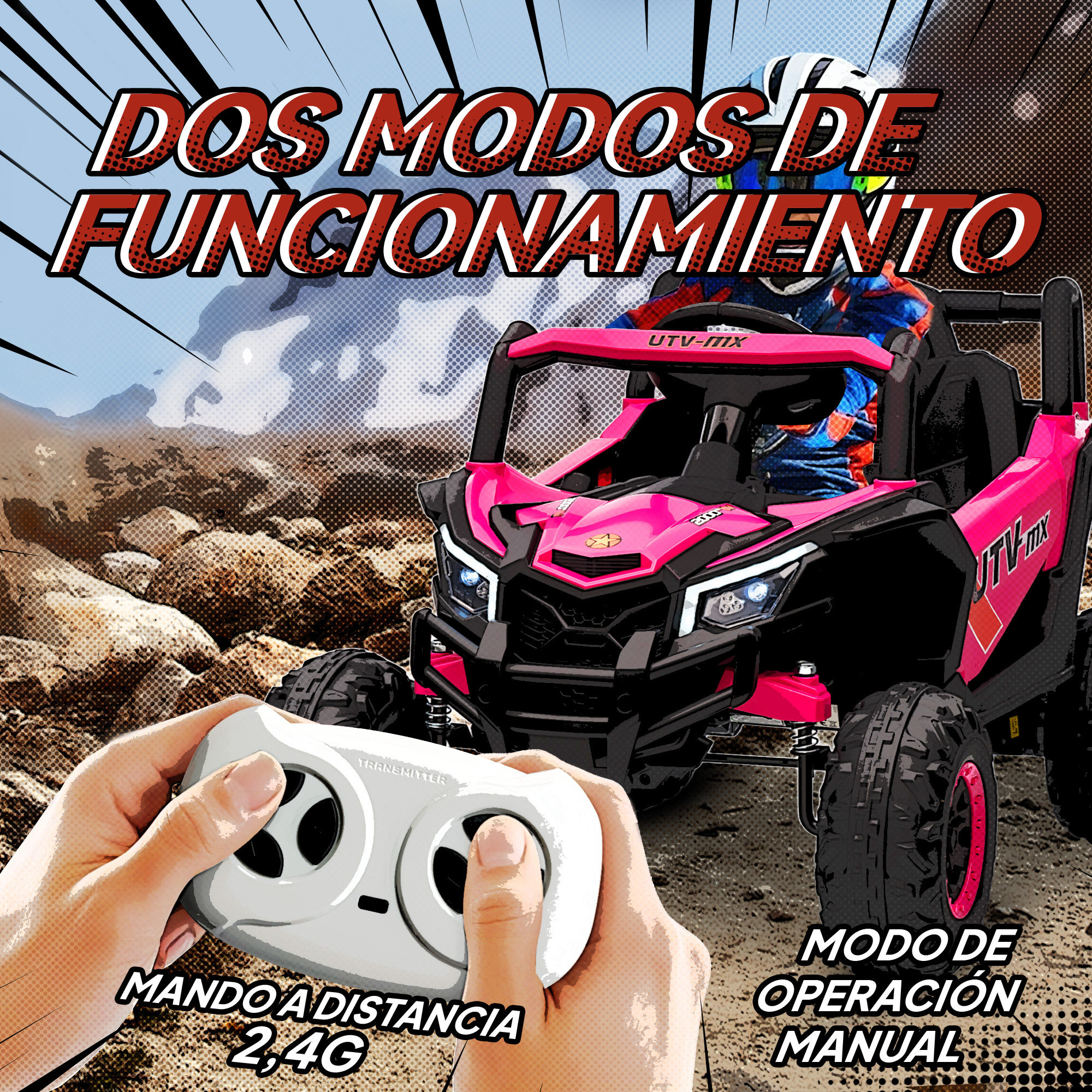Un UTV rosa con mando a distancia en un paisaje rocoso.