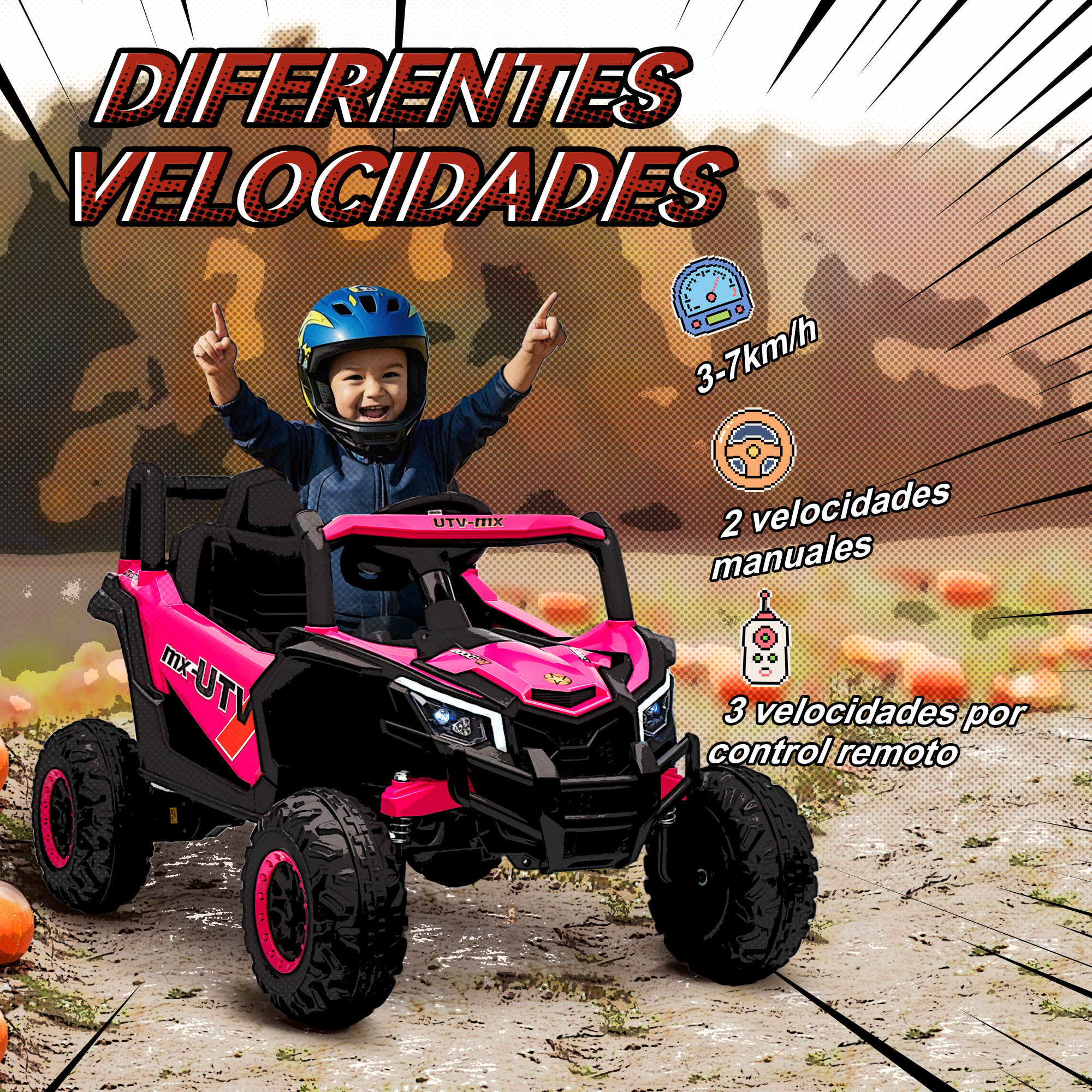 Un niño con casco azul monta un UTV rosa con ruedas negras y llantas rojas.