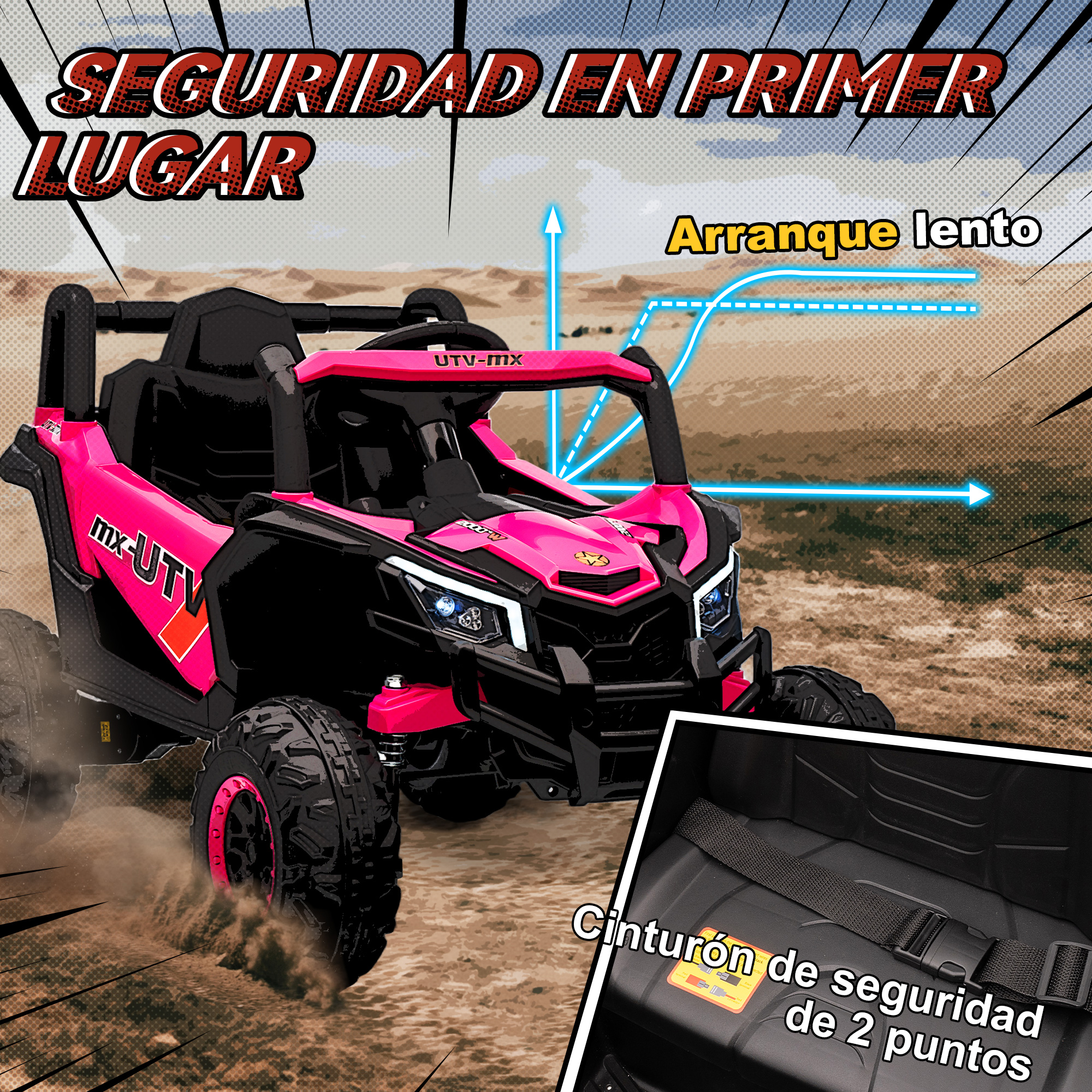 Un buggy UTV rosa avanza por la arena. El texto dice 'Seguridad ante todo'.