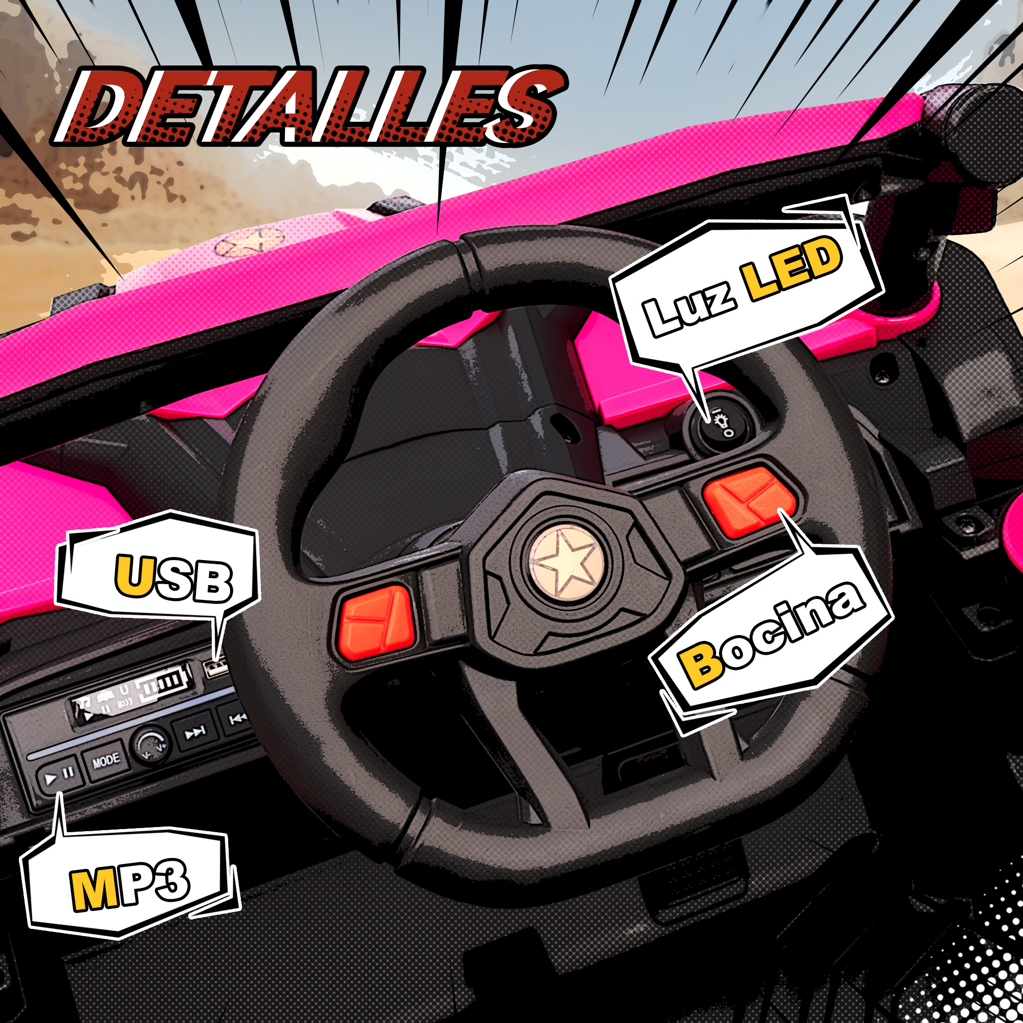 La imagen muestra la cabina de un coche de juguete rosa, con volante, puertos USB y MP3.