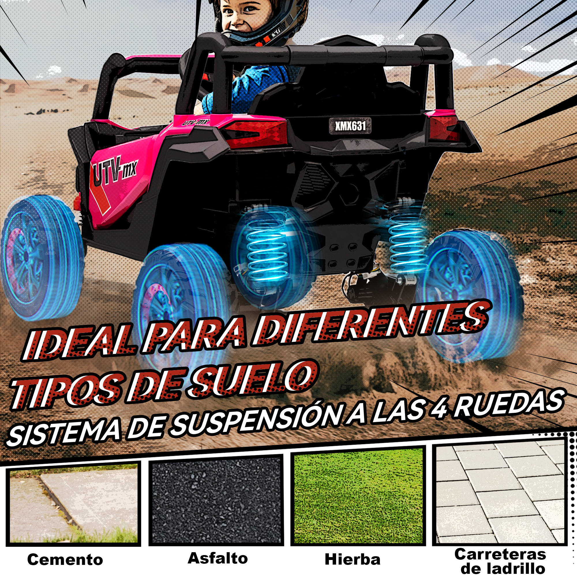 Un UTV rosa con un niño conduce fuera de la carretera, mostrando superficies.