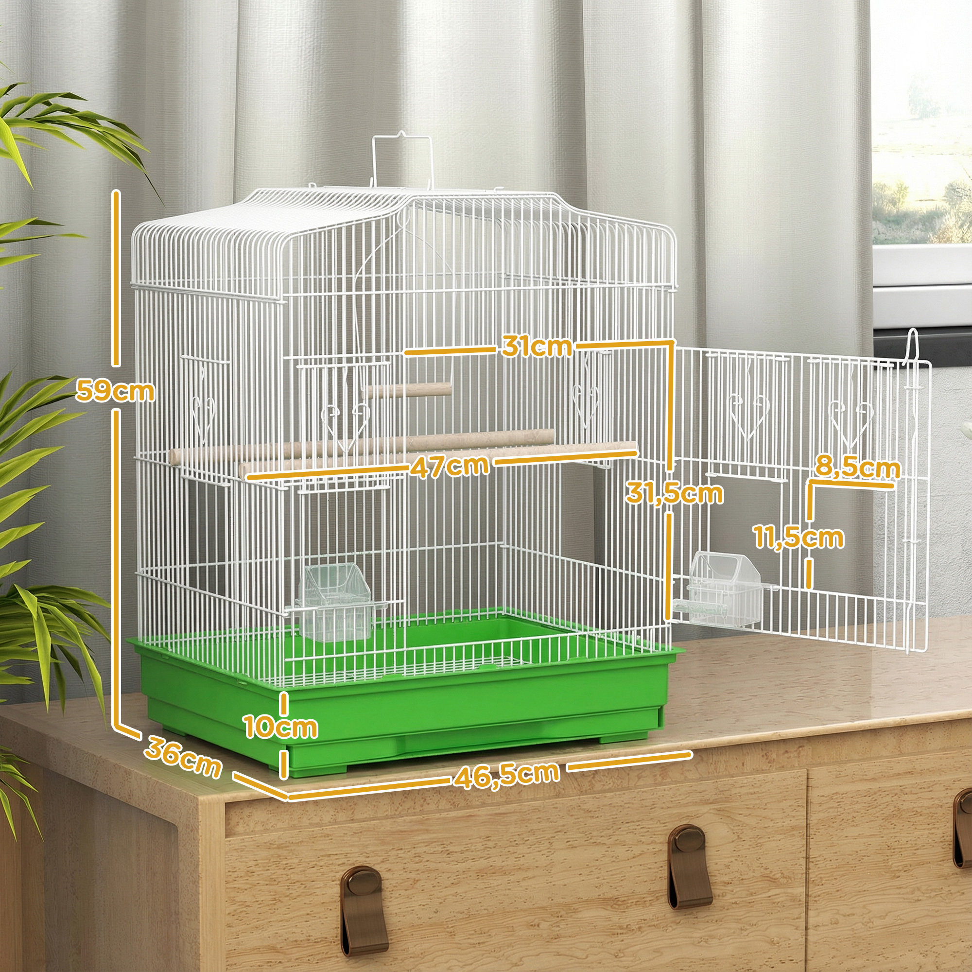 Jaula blanca para pájaros con bandeja verde sobre muebles de madera. Se muestran dimensiones.