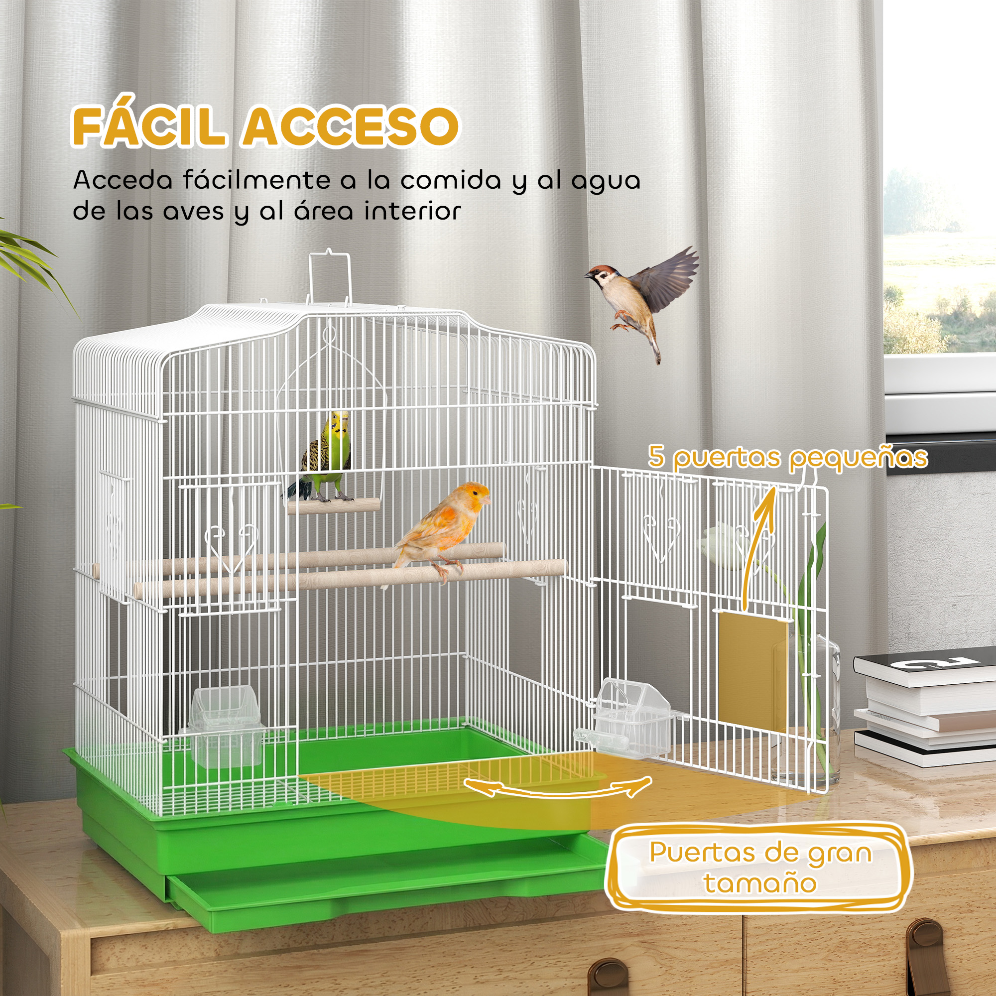 Una jaula blanca para pájaros con dos pájaros, uno verde y otro naranja.