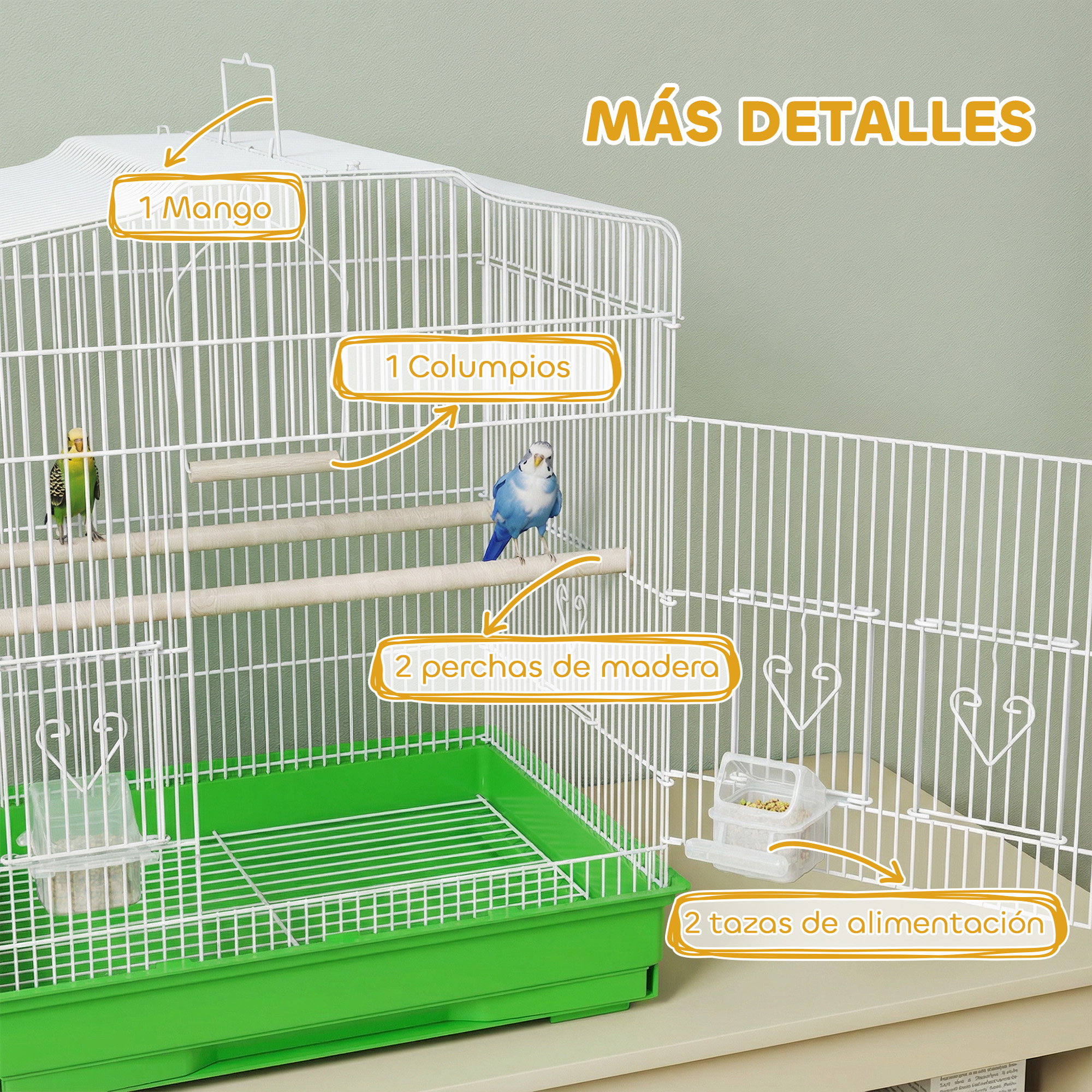 Una jaula blanca para pájaros con dos periquitos, perchas y comederos.