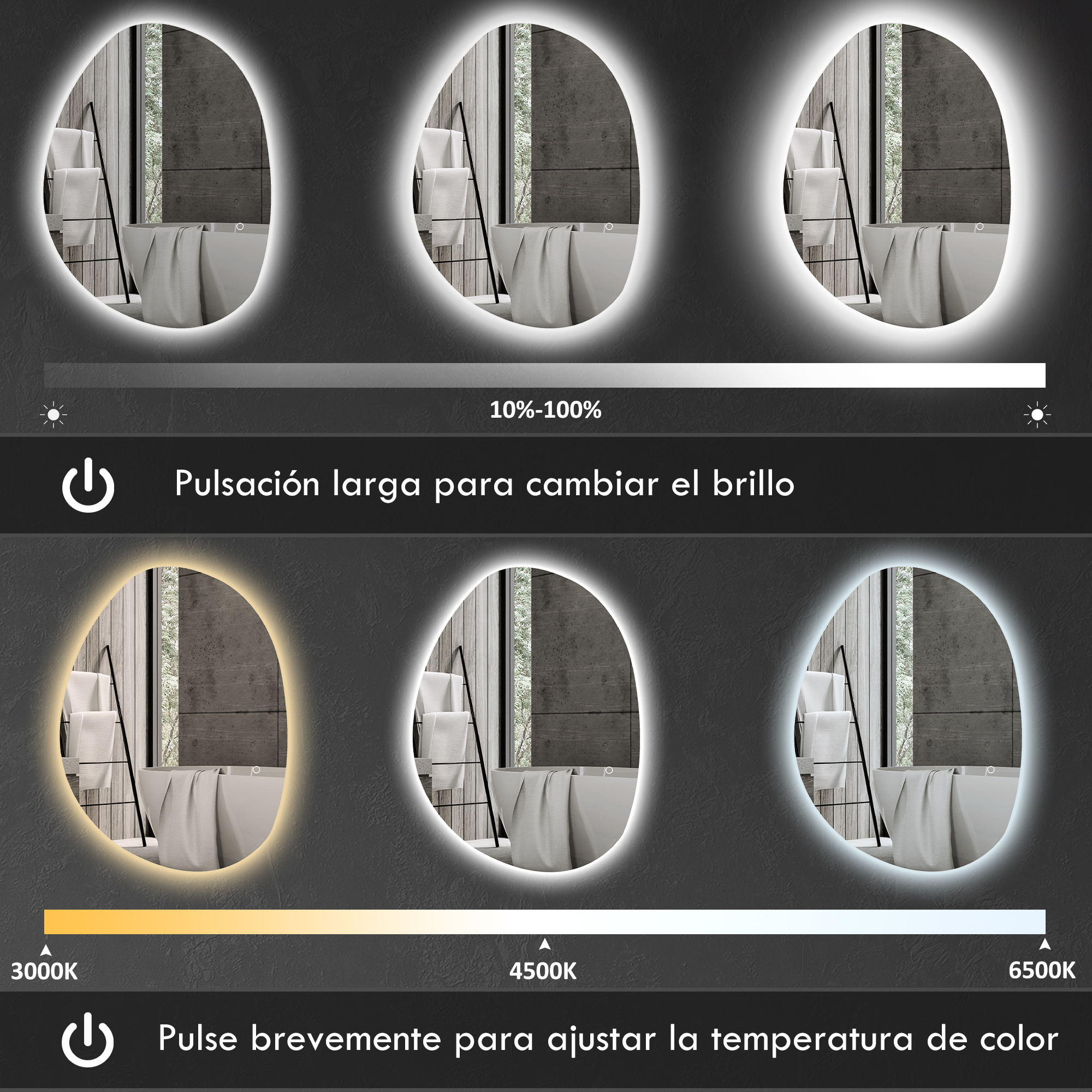 Espejo ovalado con luz LED, brillo ajustable del 10-100%.