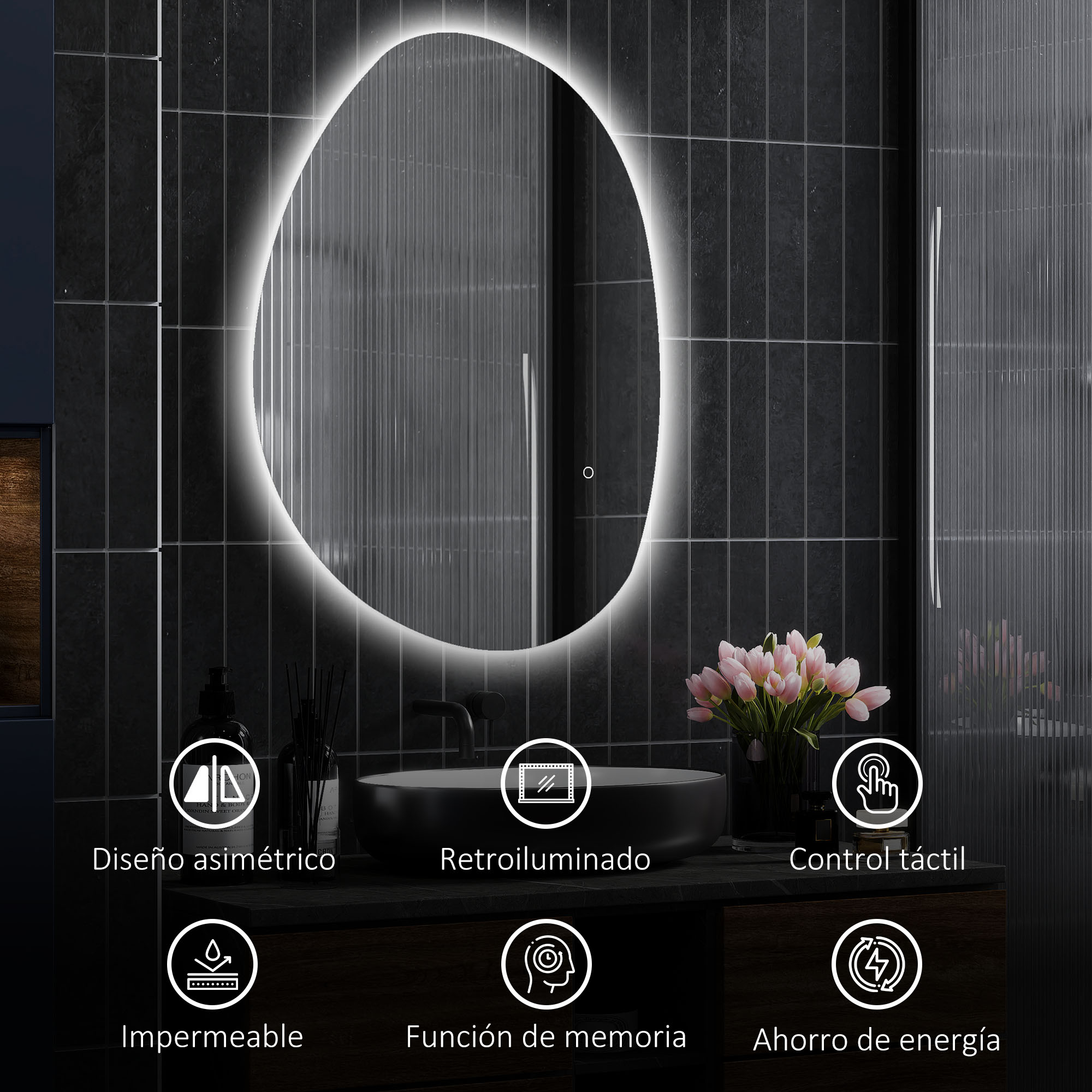 Un espejo asimétrico con iluminación, lavabo, flores e iconos.