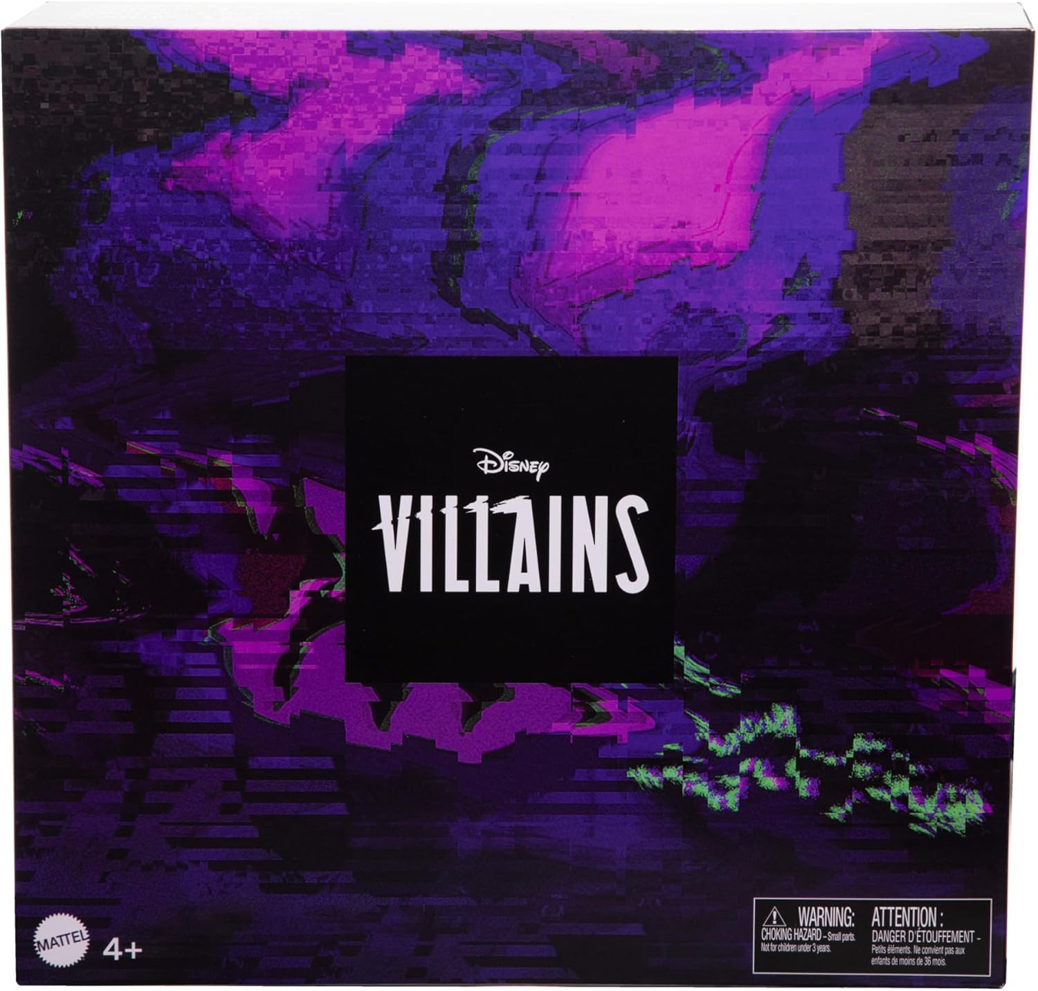 Pudełko z logo "Disney Villains" na tle glitch w kolorach fioletowym i zielonym.