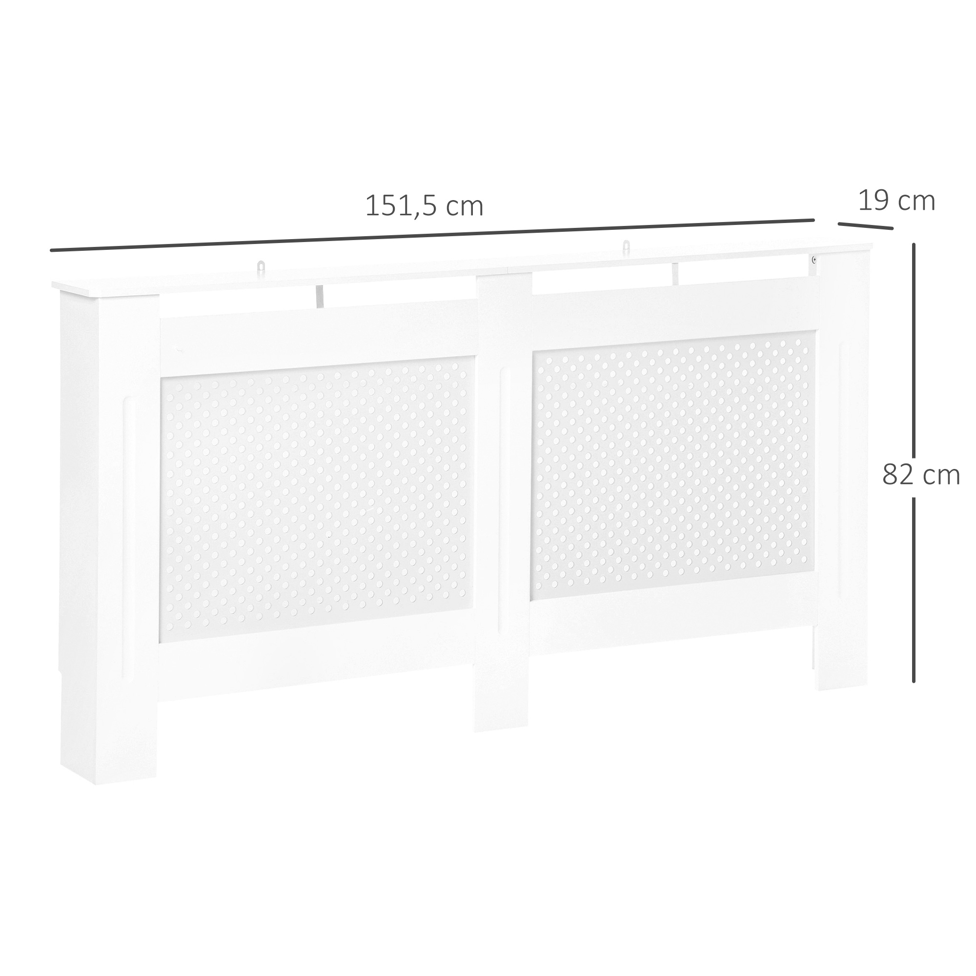 Una cubierta de radiador blanca con paneles perforados y dimensiones.
