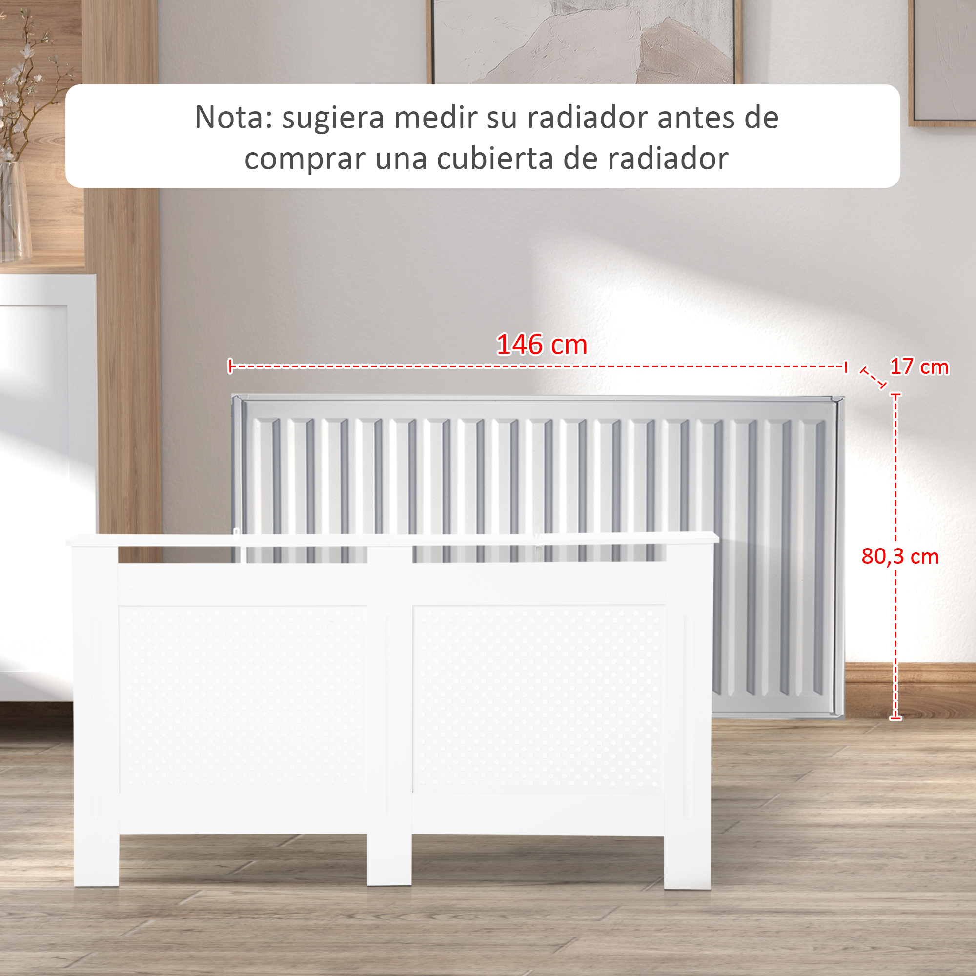 Funda blanca para radiador de 146x17x80,3 cm delante de un radiador.