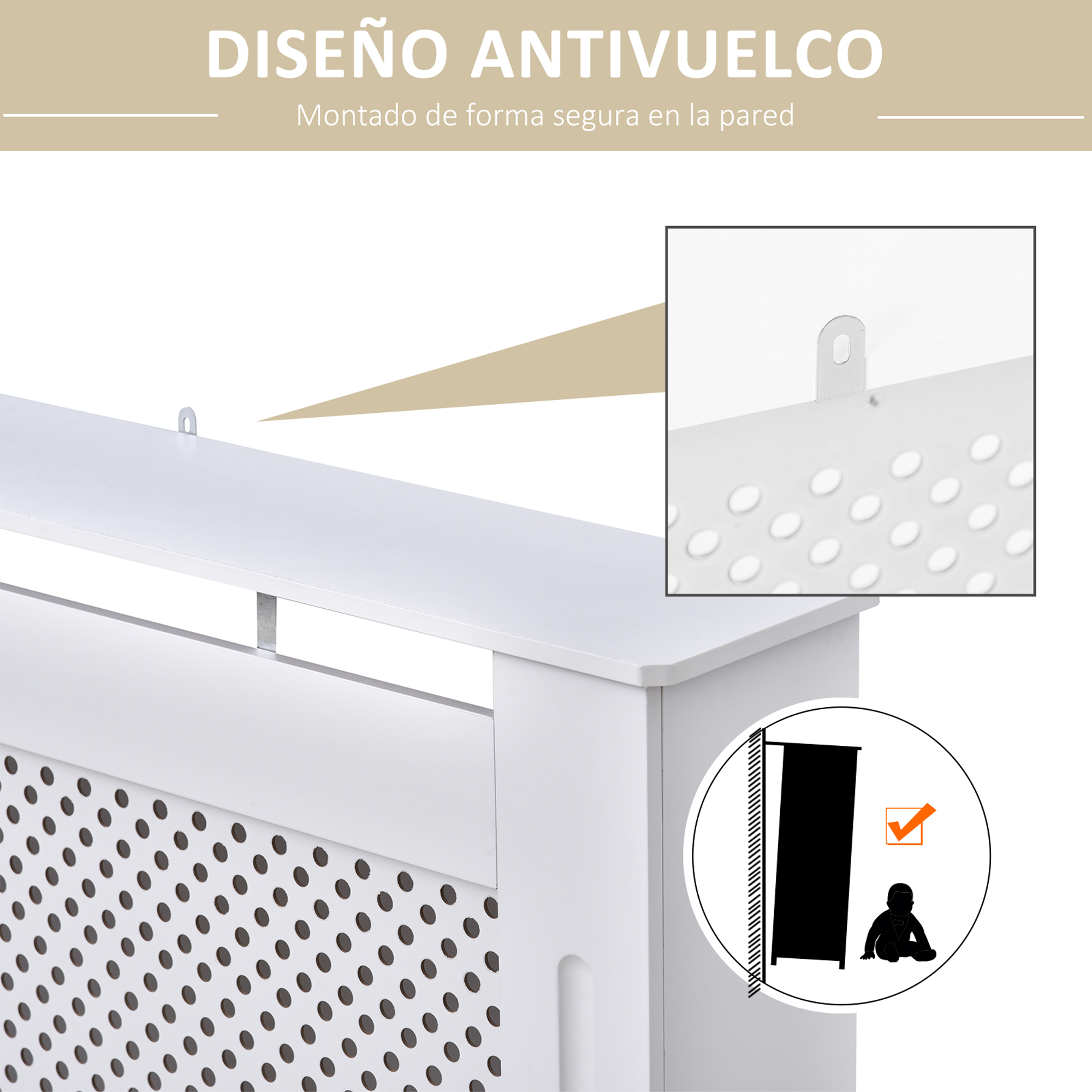 Una cubierta de radiador blanca con detalles de montaje en pared e icono de advertencia.