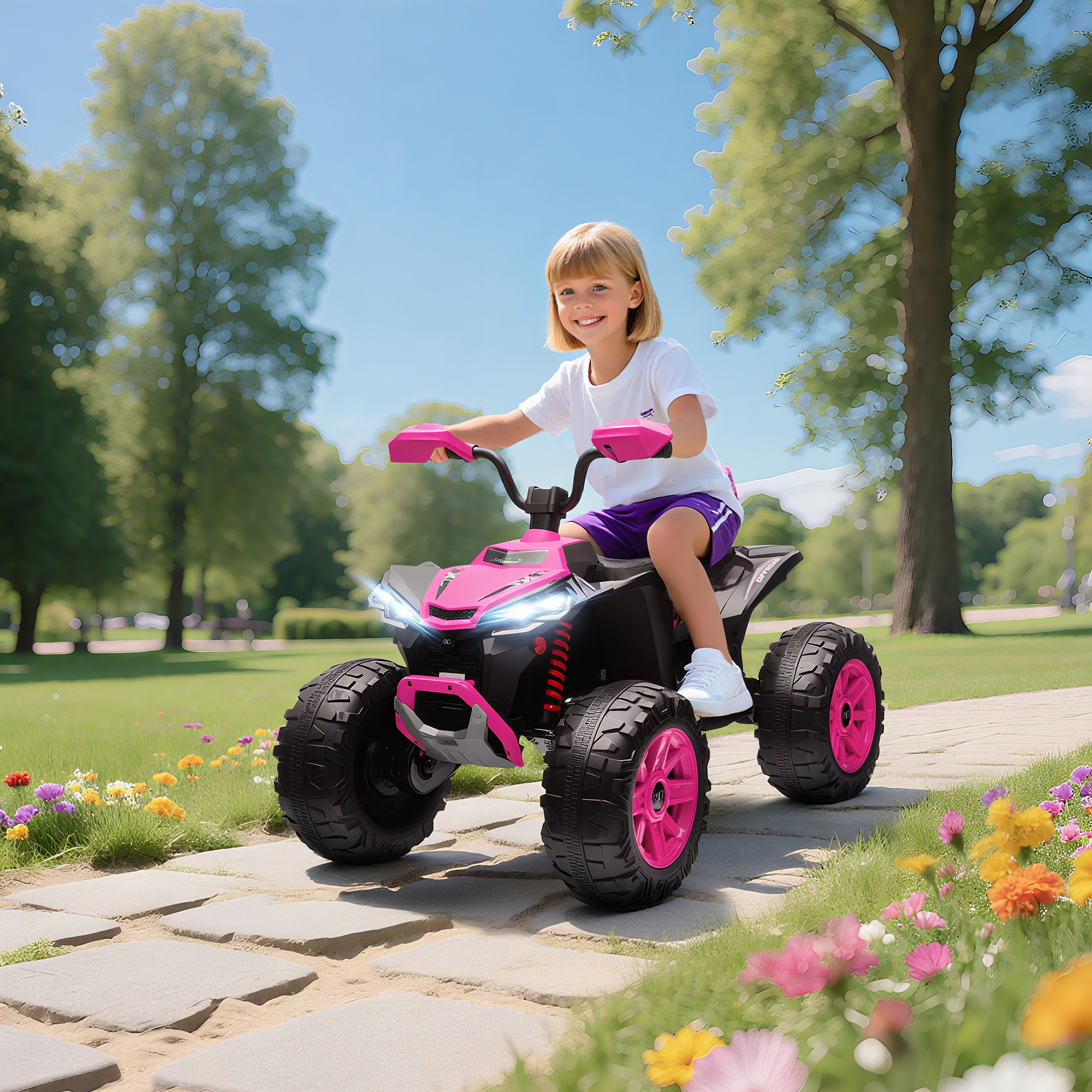 Una niña monta un quad rosa en un camino de piedra en un parque, rodeada de flores.