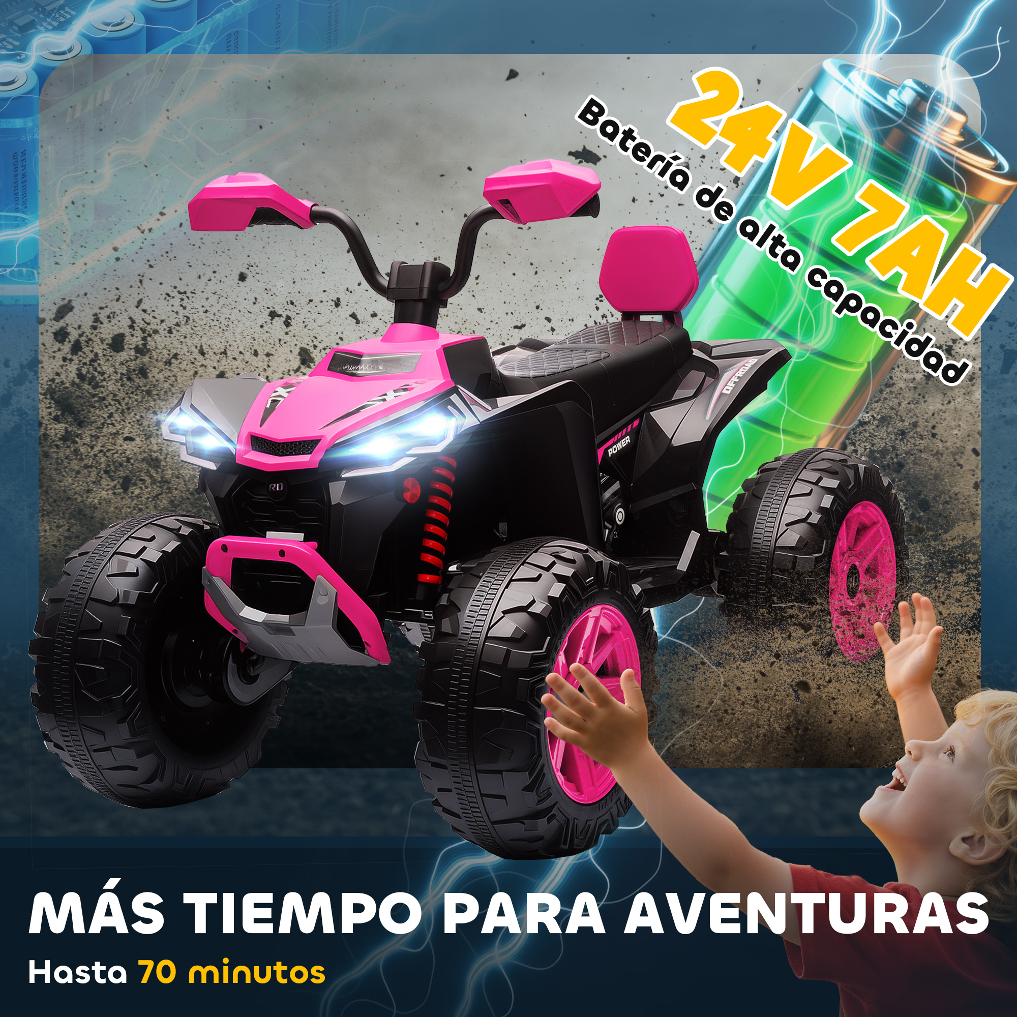 Un quad infantil rosa con llantas grandes, con un gráfico de batería al fondo.