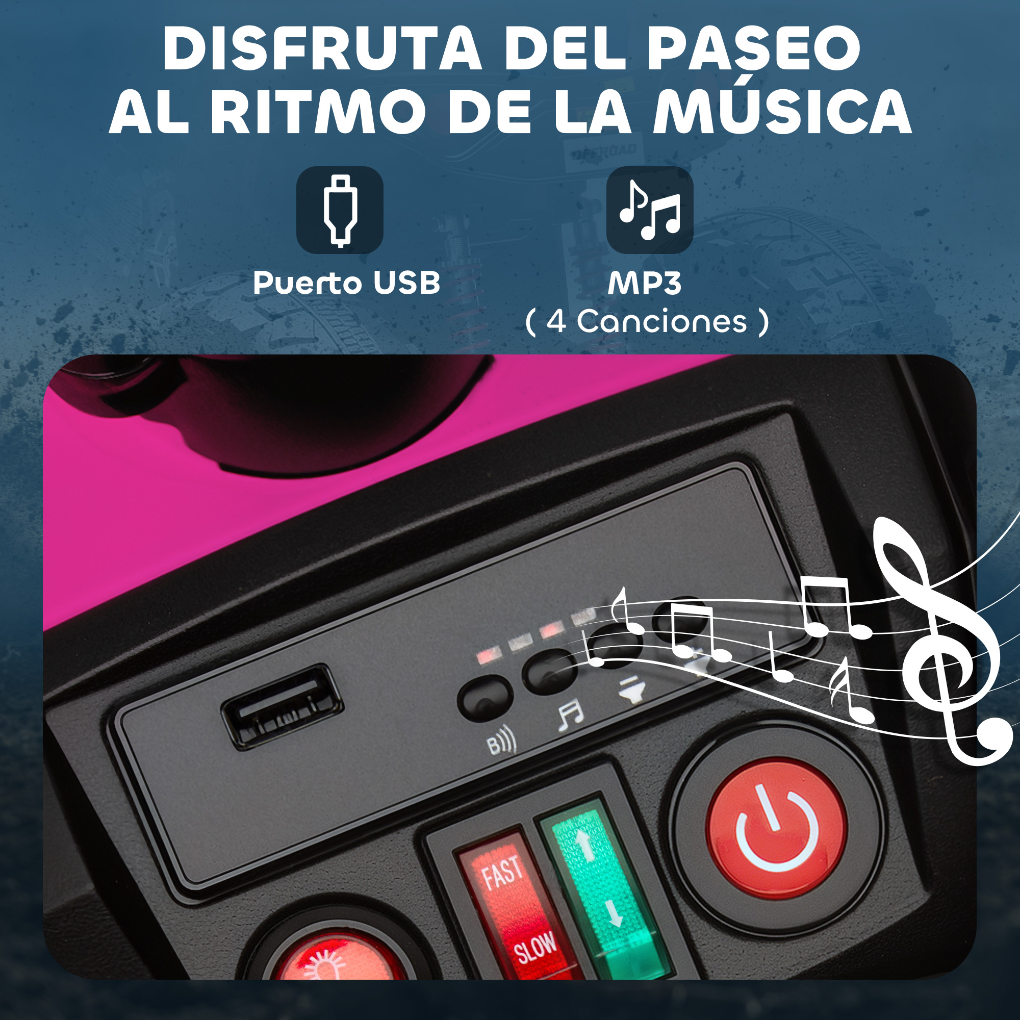 Panel de control con puerto USB, botones y botón de encendido. Notas musicales.