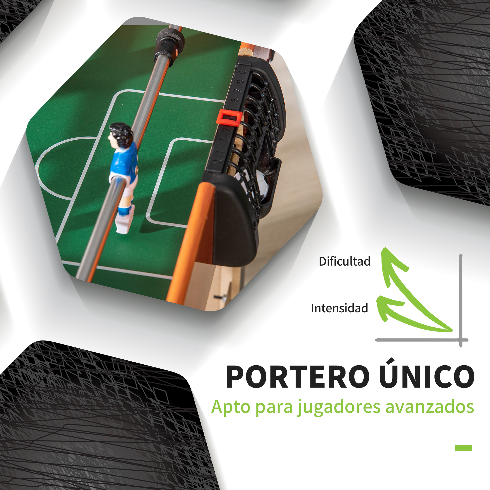 Primer plano de un futbolín con un jugador de azul y blanco.