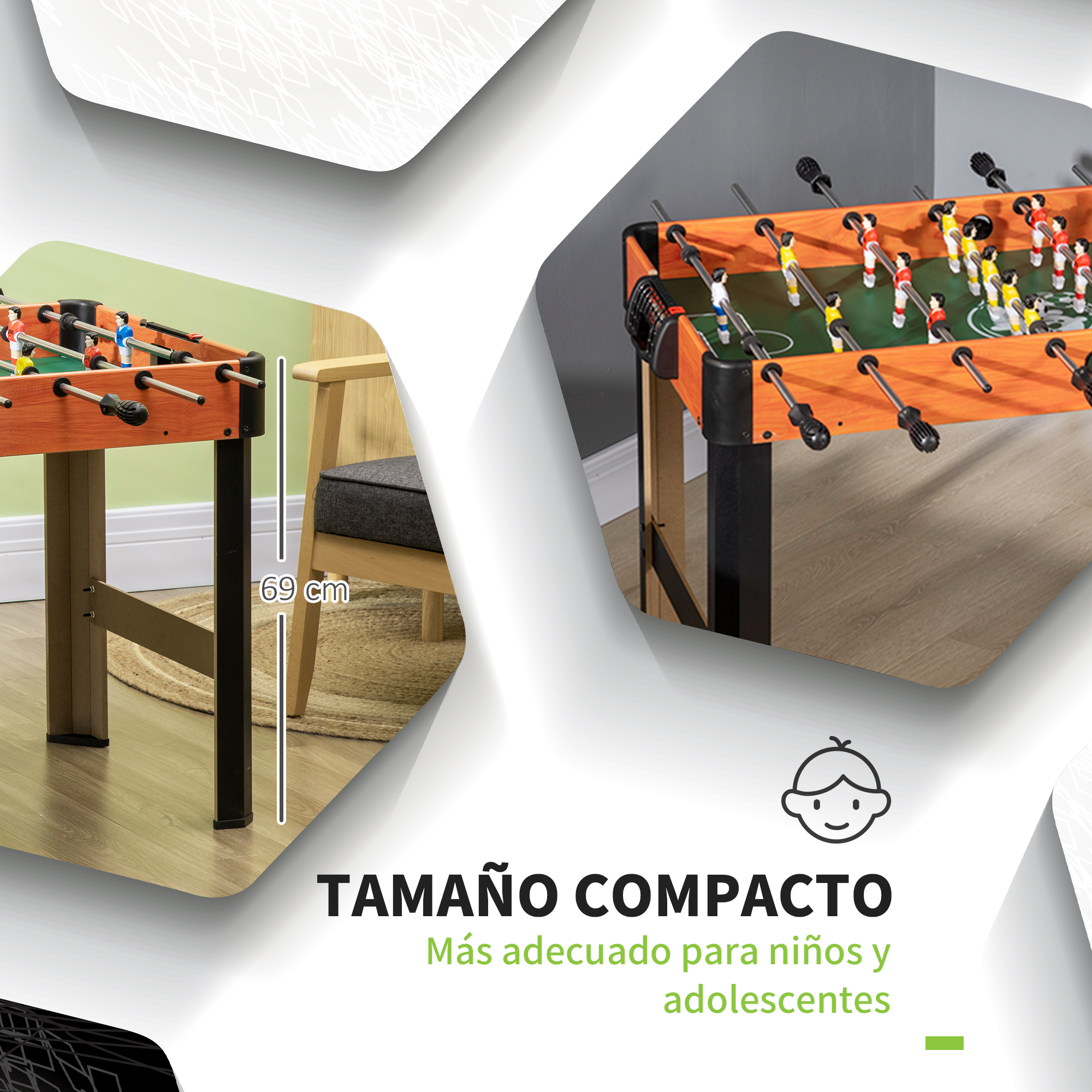 Una mesa de futbolín naranja con jugadores en rojo y amarillo.