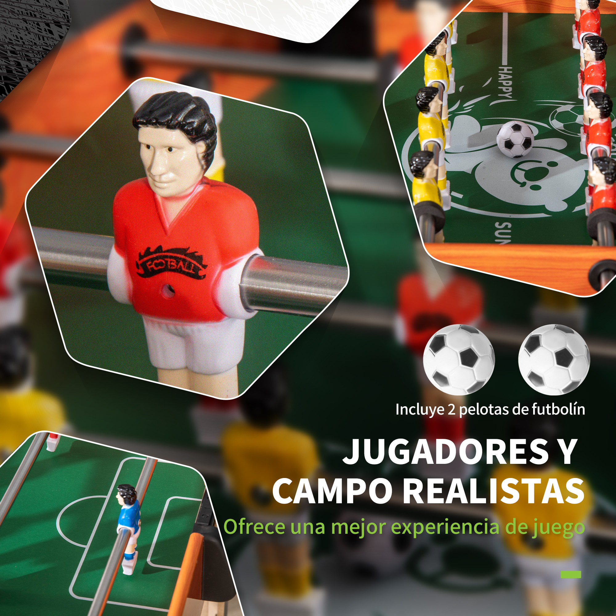 Figuras de futbolín, un balón y un portero en rojo y amarillo sobre un campo verde.