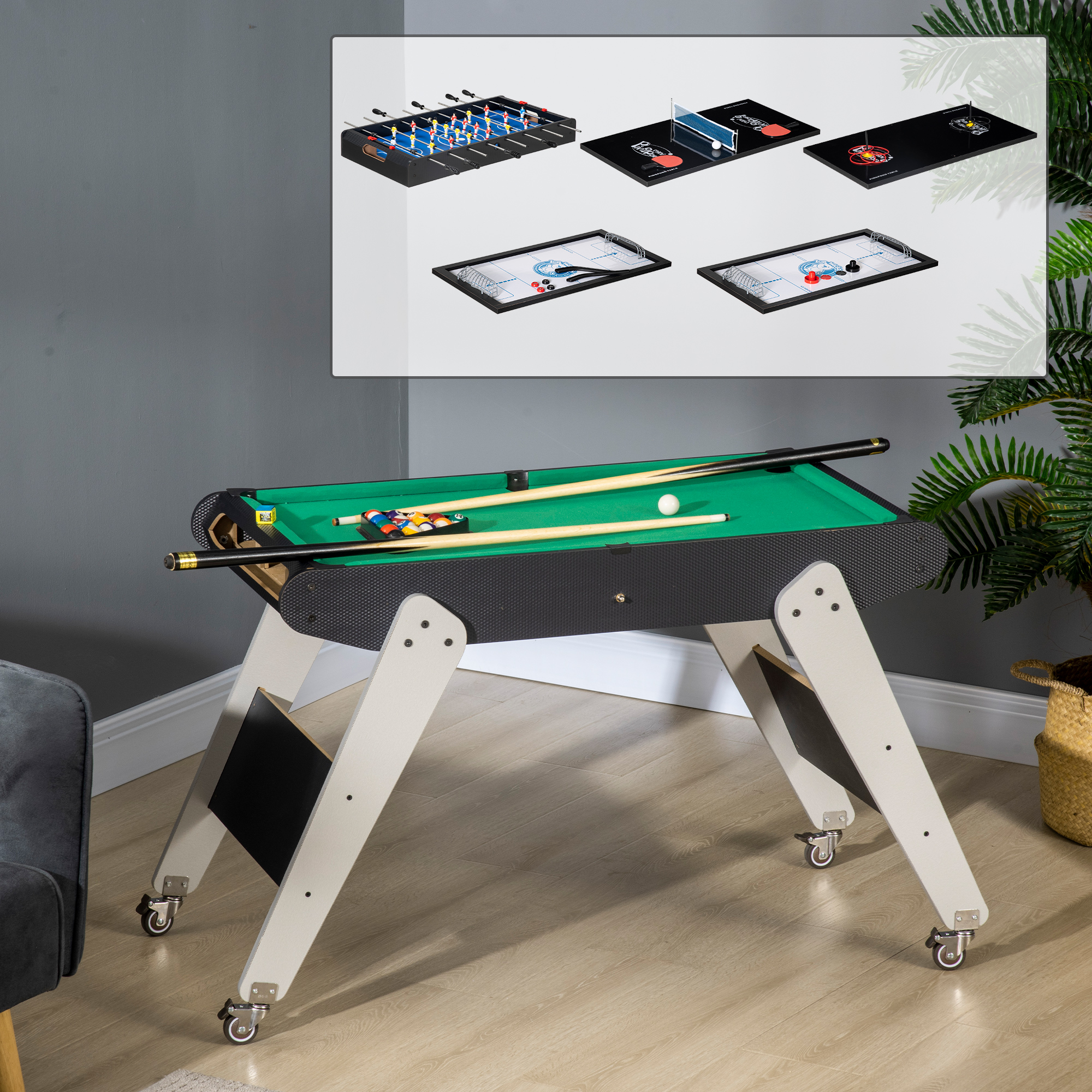 Una mesa multijuego con billar, ping pong, hockey de aire y futbolín.