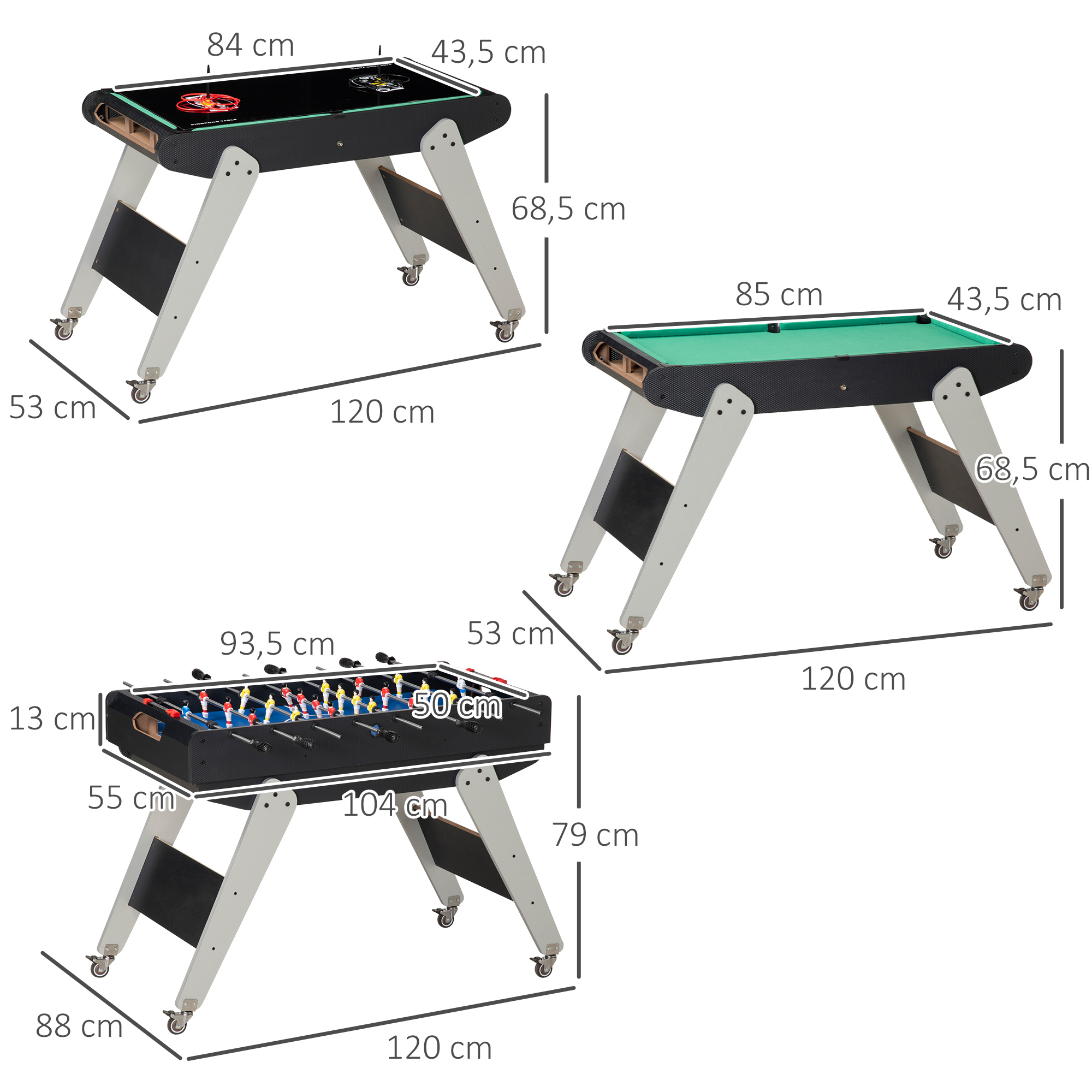Tres mesas de juego con dimensiones: futbolín, billar y air hockey.