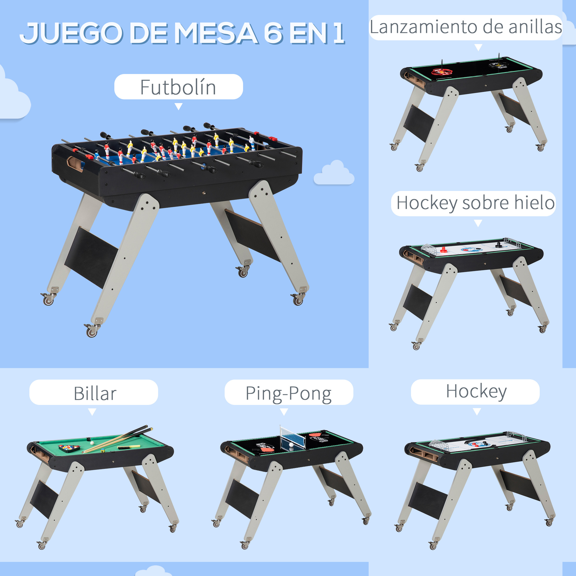 Una mesa de juegos con futbolín, lanzamiento de anillas, hockey, billar y ping-pong.