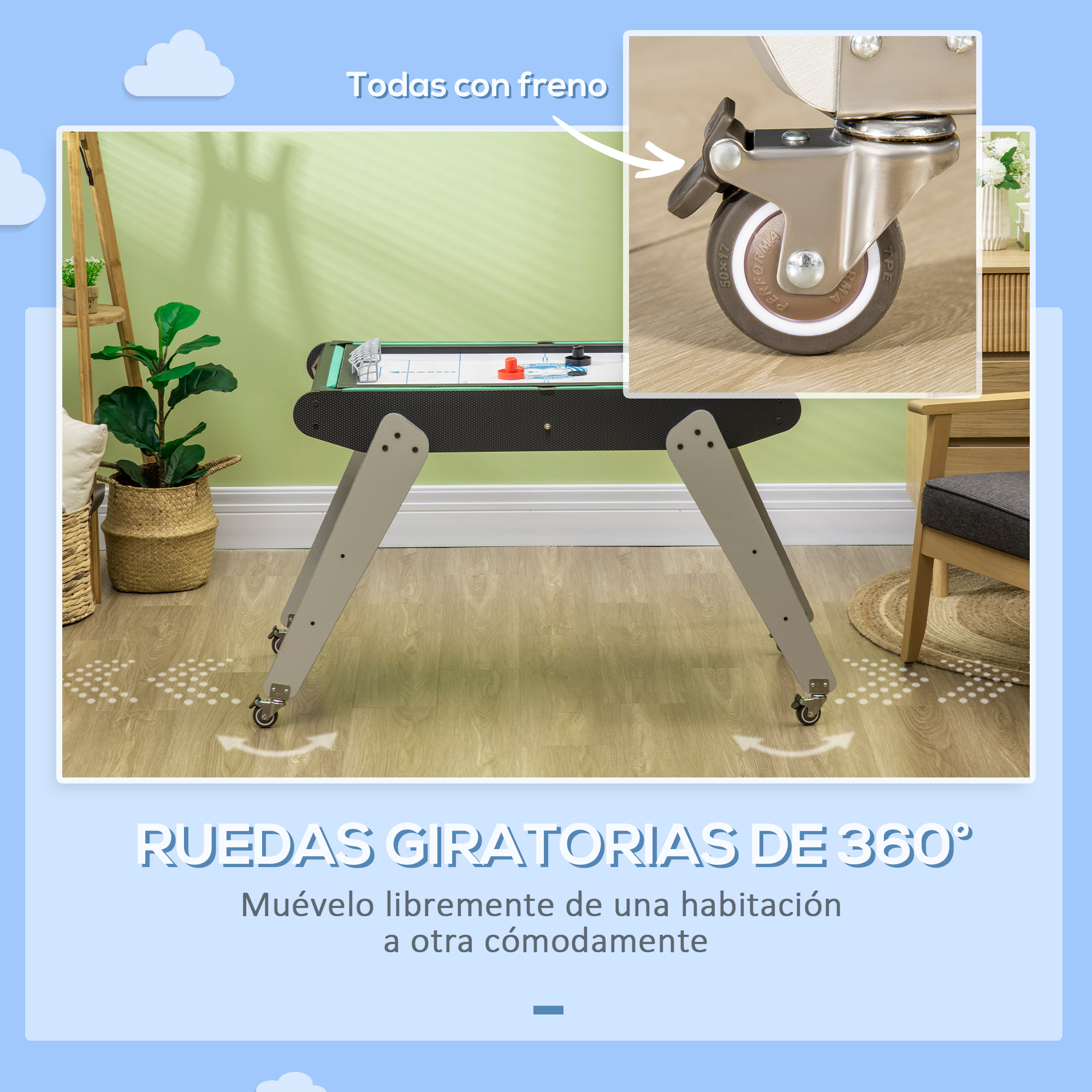 Una mesa con ruedas y un primer plano de una rueda con freno.
