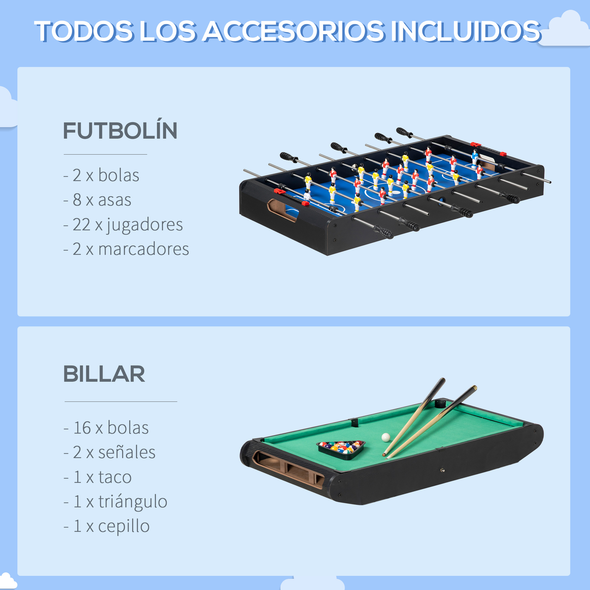 Futbolín y mesa de billar con accesorios. Incluye pelotas, mangos, jugadores, marcadores, tacos, triángulo y cepillo.