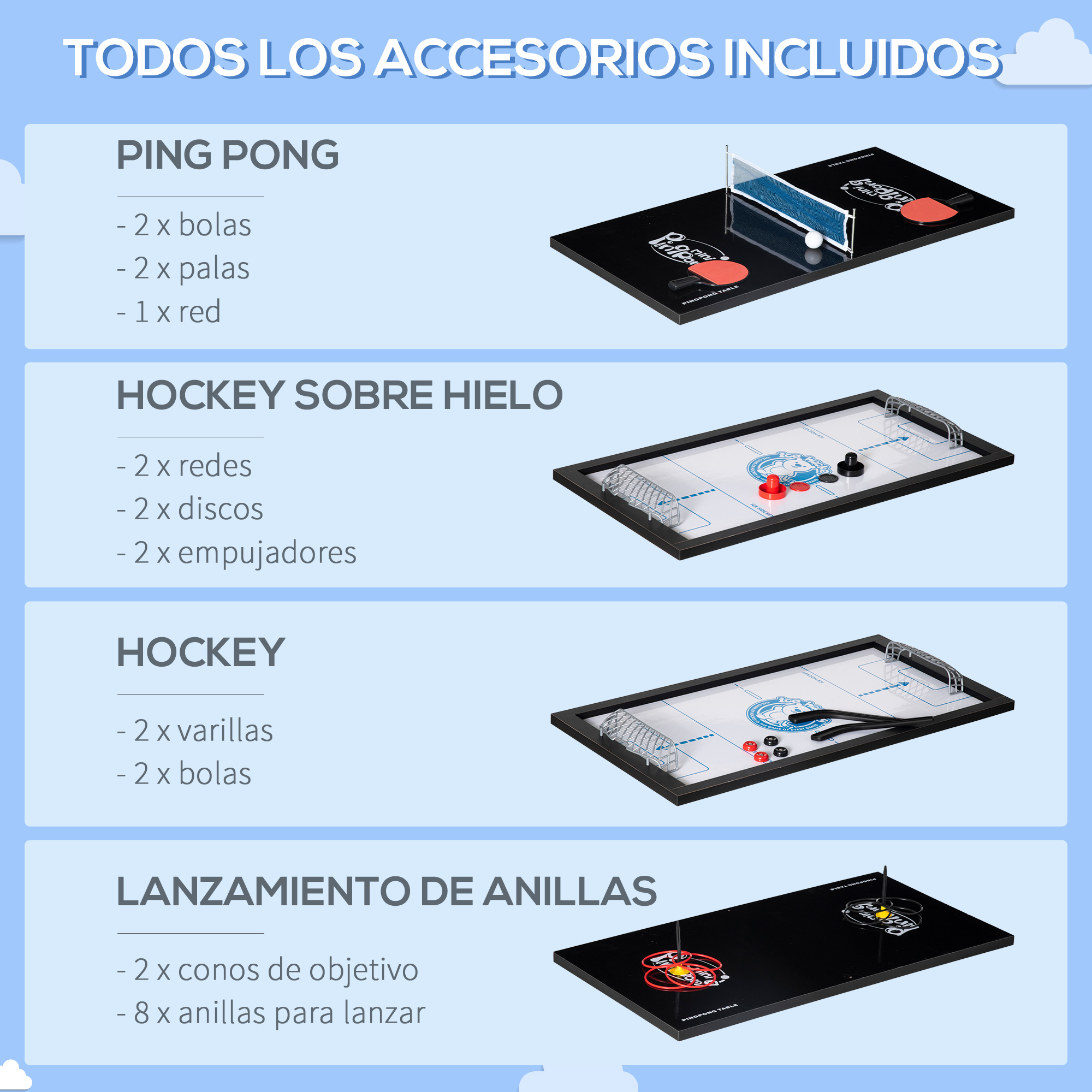 Juegos de Ping Pong, Hockey sobre Hielo, Hockey y Lanzamiento de Anillos.