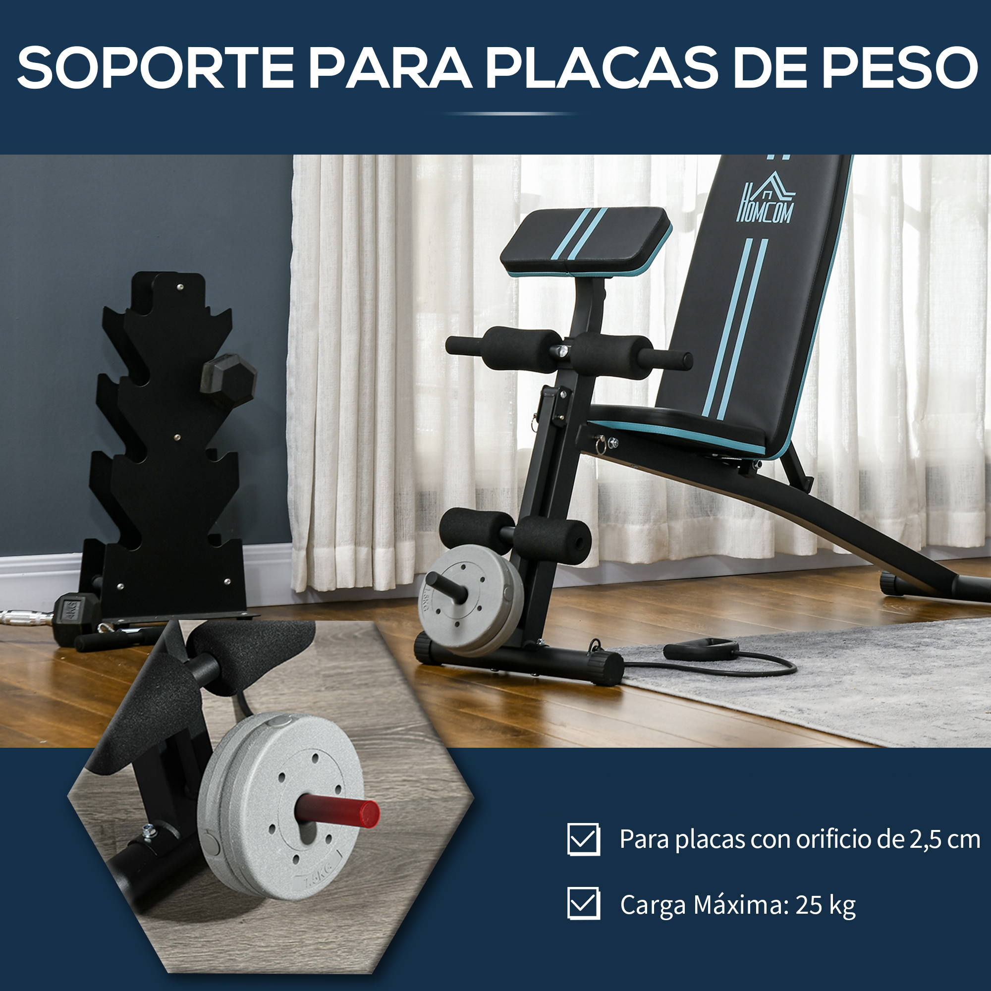 Banco de pesas con soporte para mancuernas y discos.